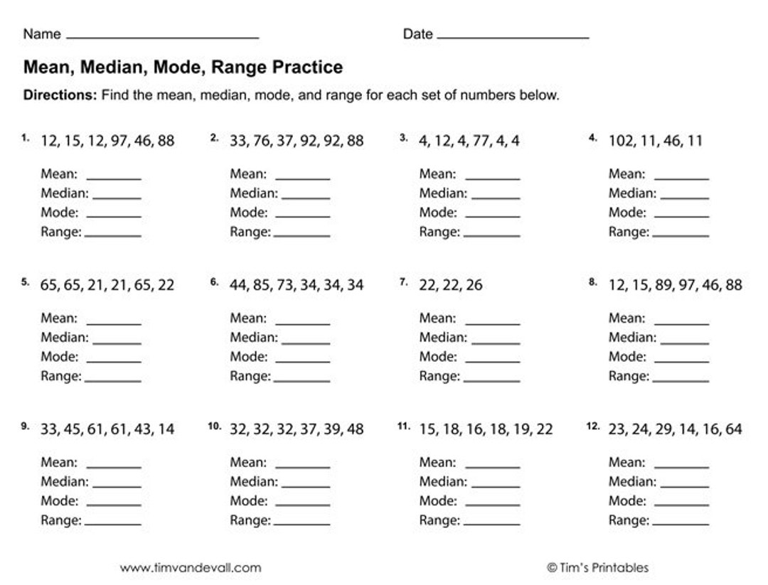 worksheet about mean median mode