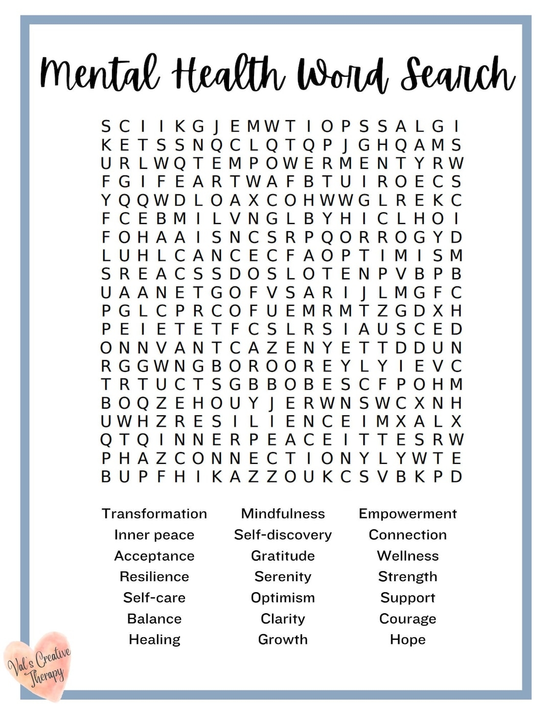 Mental Health Crossword Calming Crossword Puzzle Feel Good Puzzle Etsy