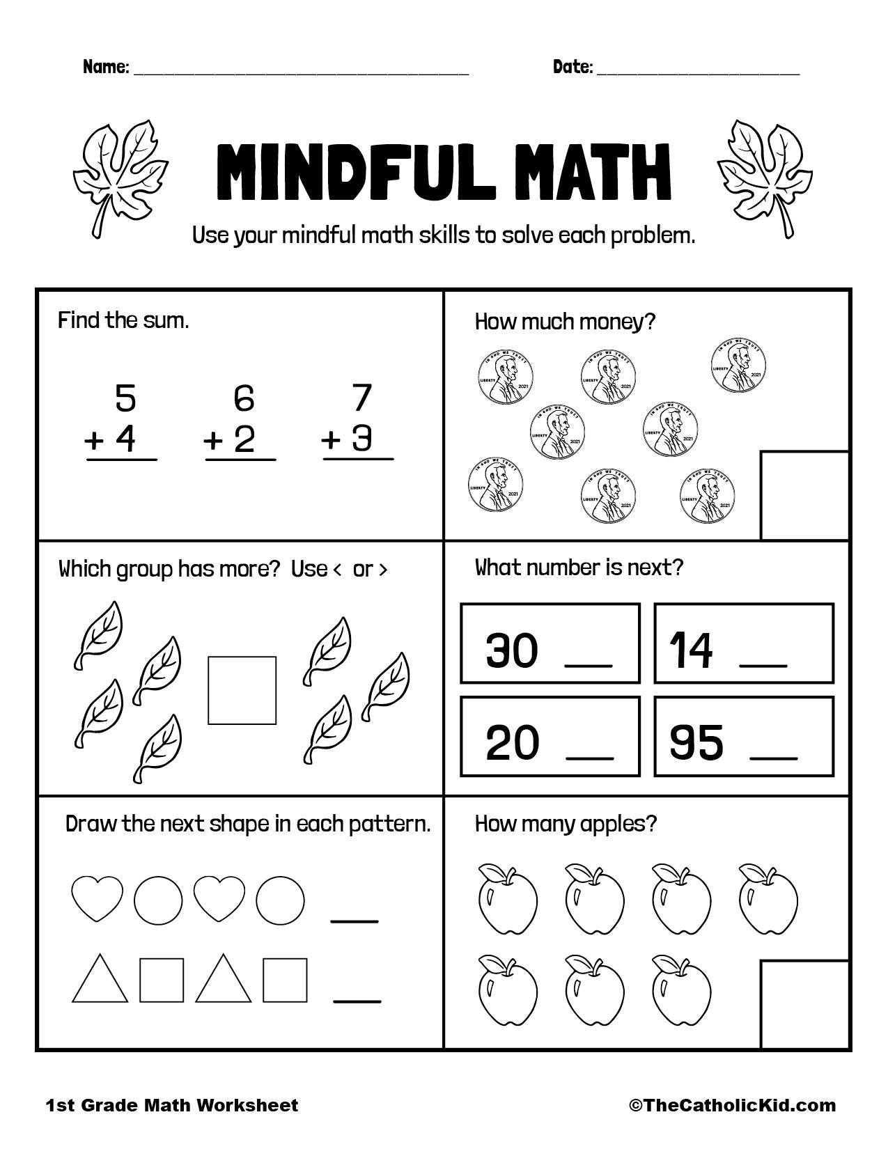 Mental Math Review 1st Grade Math Worksheet Catholic TheCatholicKid