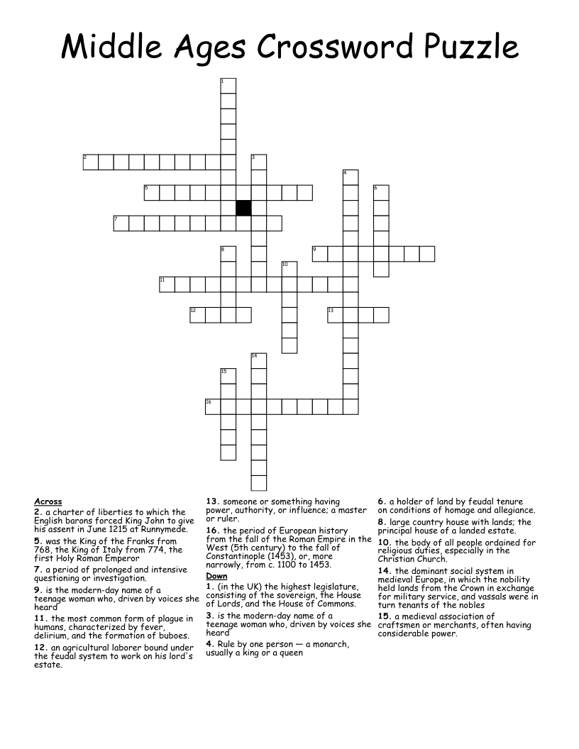Middle Ages Crossword Puzzle WordMint Middle Ages Crossword Puzzle WordMint