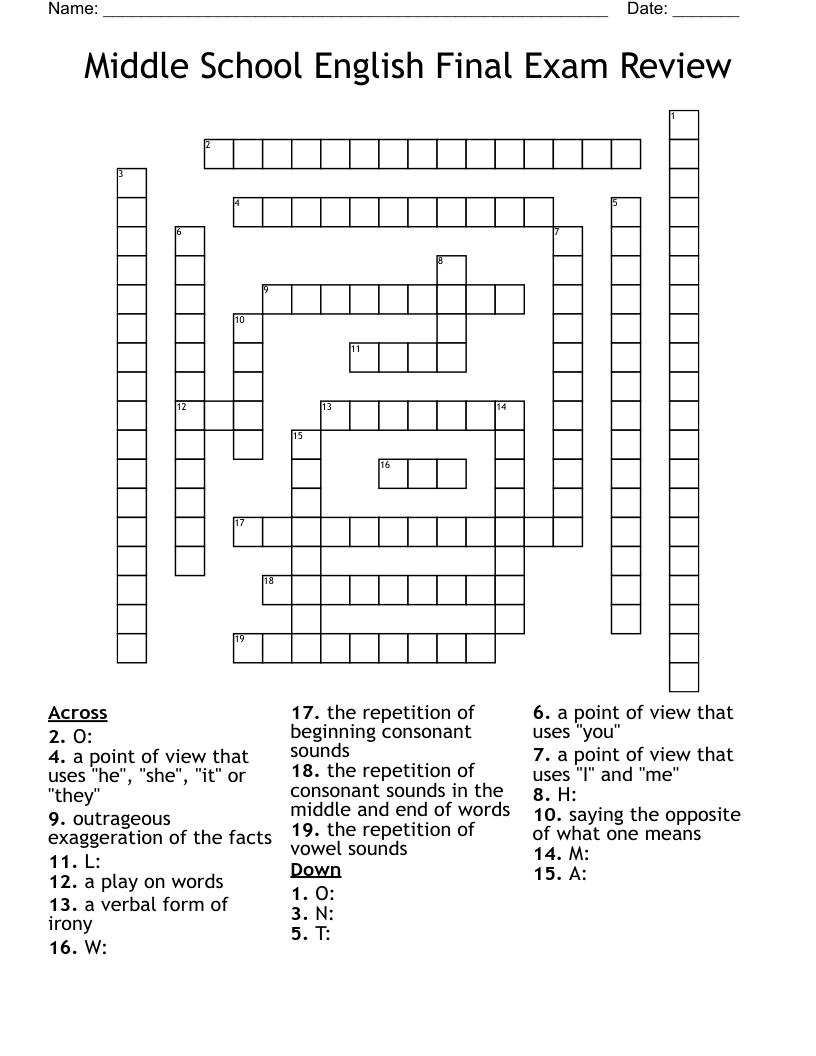 Middle School English Final Exam Review Crossword WordMint