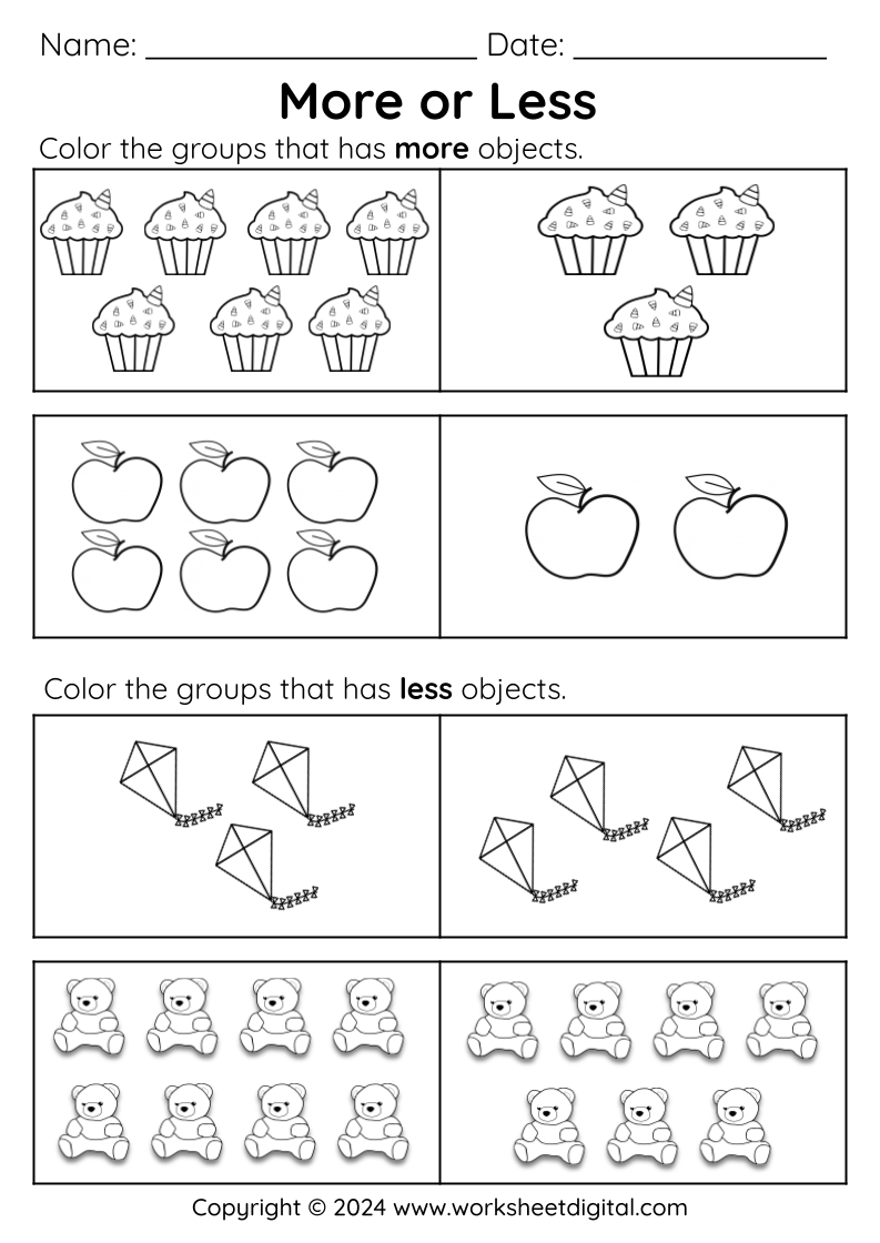 more less worksheets for kindergarten