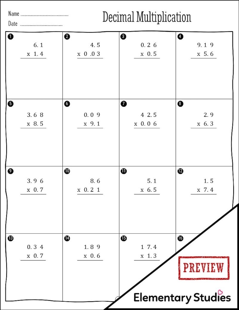 multiplying decimals by decimals worksheet