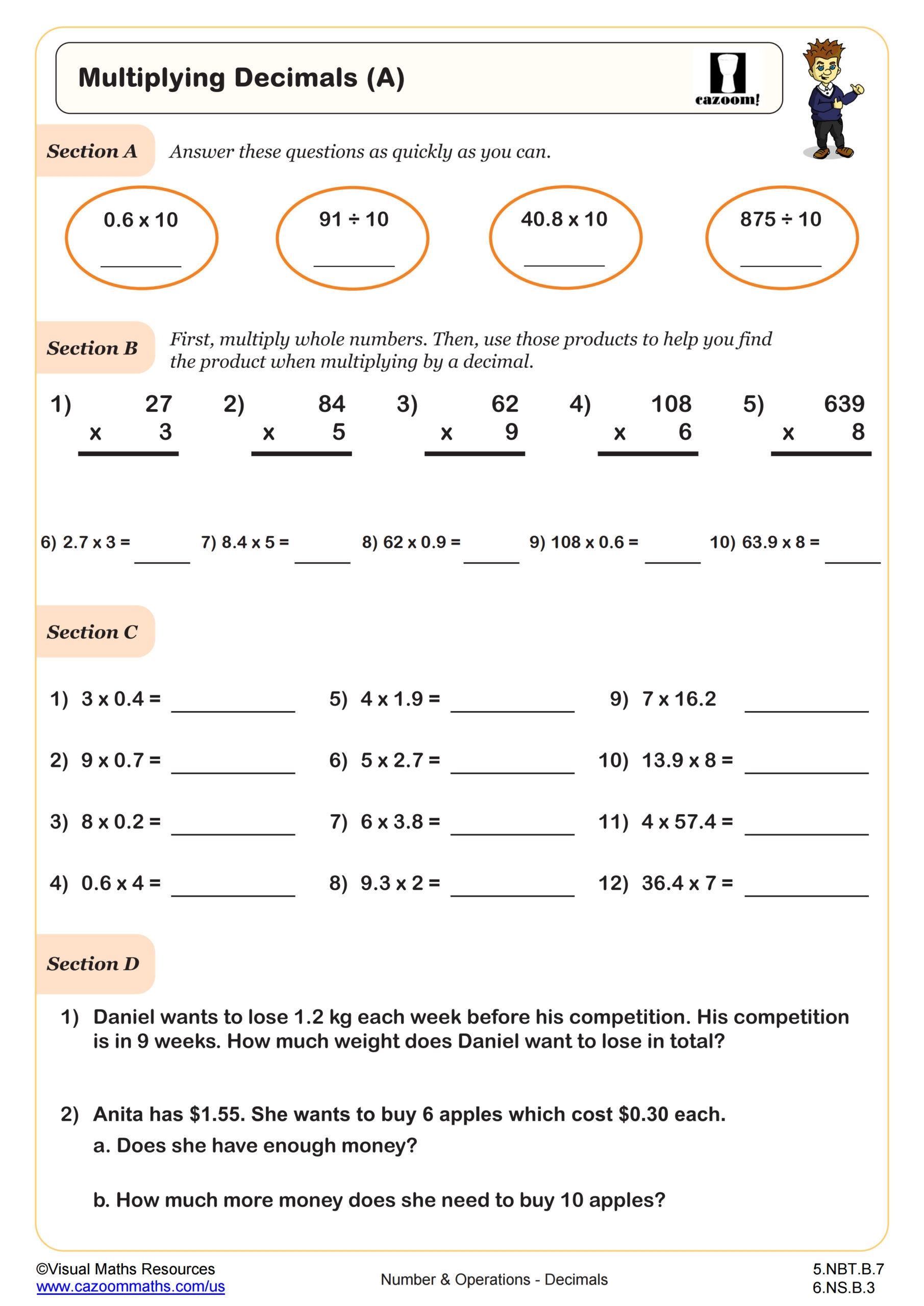 Multiplying Decimals Worksheet PDF Printable Number Operations Worksheet