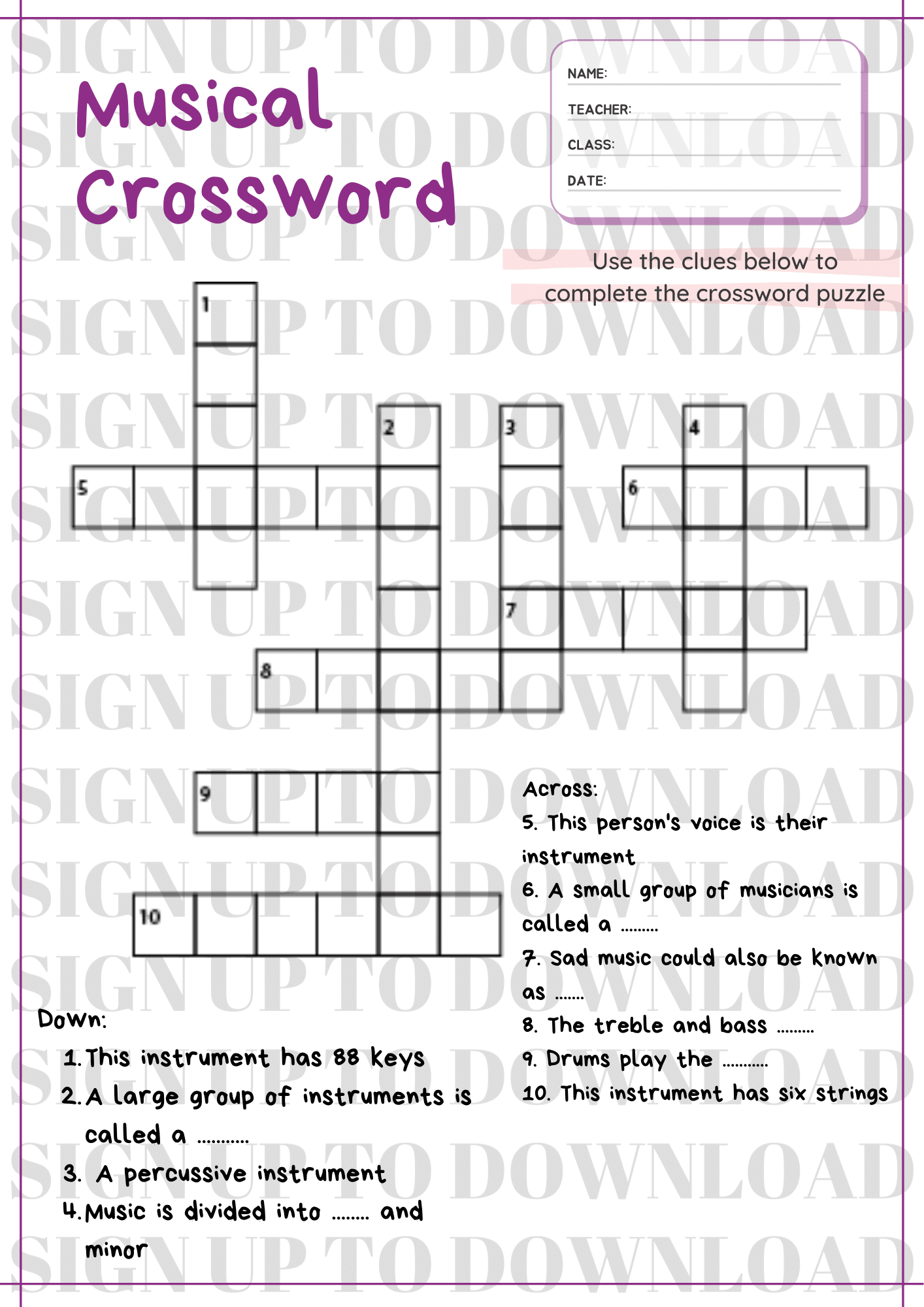 Musical Crossword Puzzle Part 2 The Musical Me