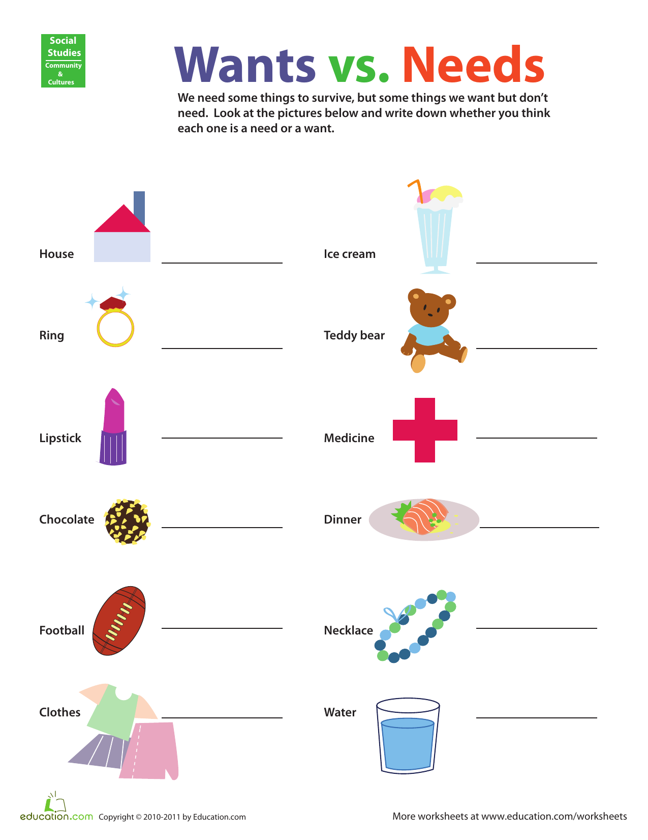 wants and needs worksheet