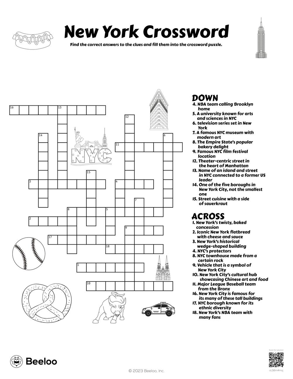 New York City themed Crossword Puzzles Beeloo Printable Crafts And Activities For Kids
