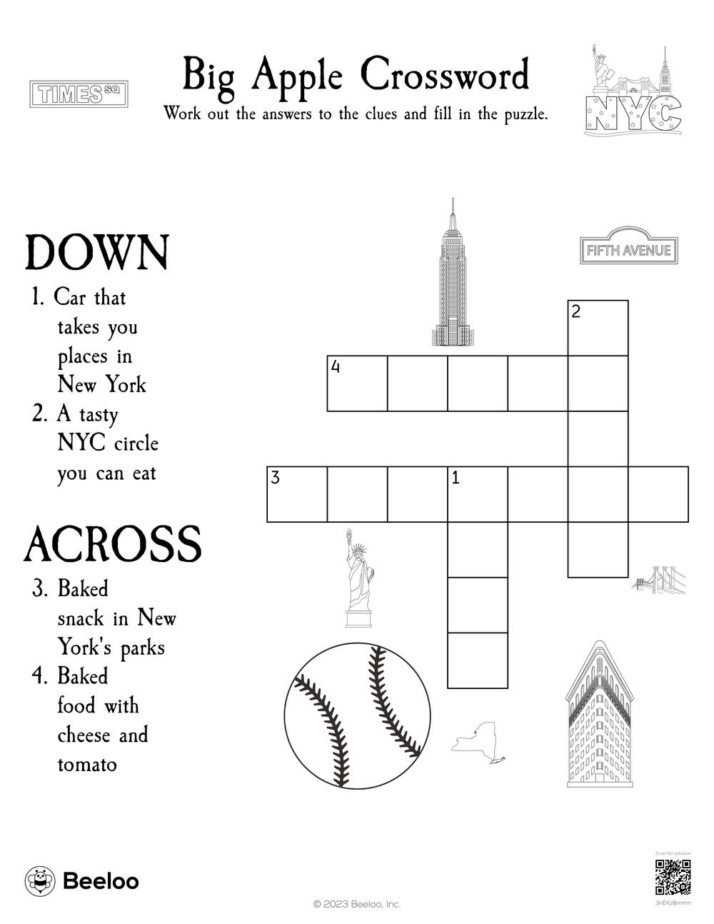 New York City themed Crossword Puzzles Beeloo Printable Crafts And Activities For Kids