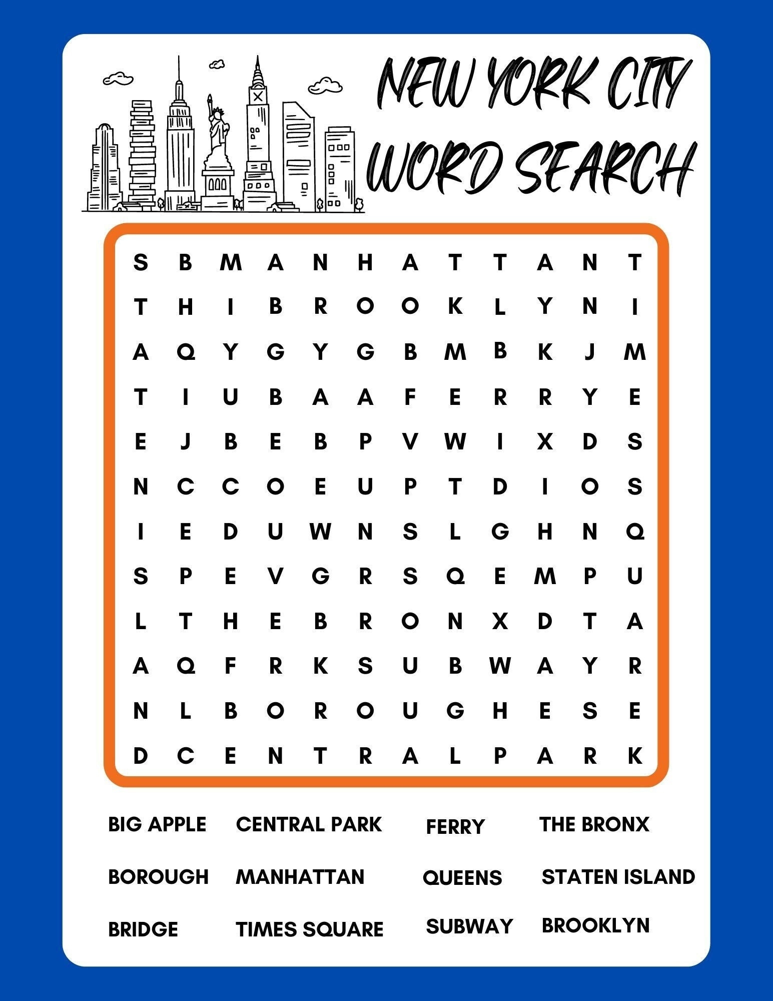 New York City Word Search Instant Download Printable PDF Etsy