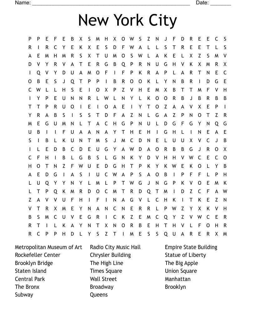New York City Word Search WordMint