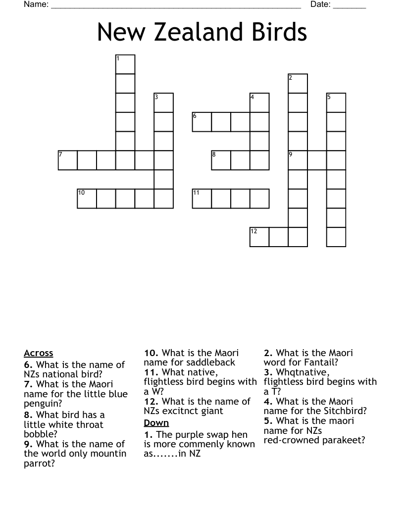 New Zealand Birds Crossword WordMint