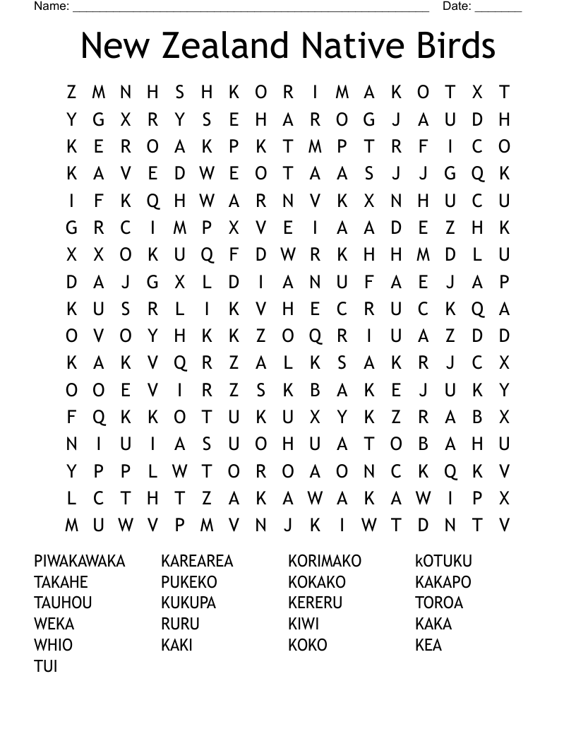 New Zealand Native Birds Word Search WordMint