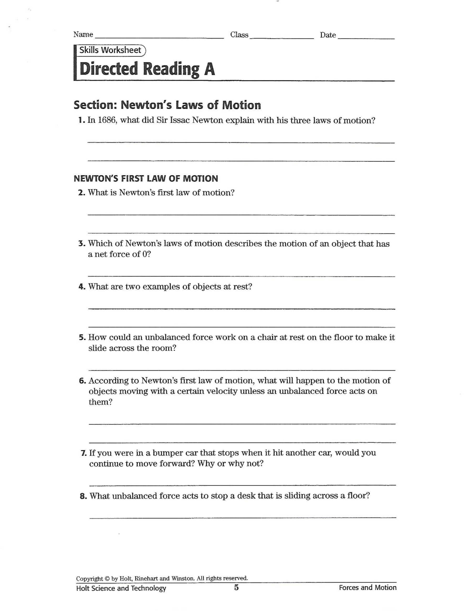 newton's laws of motion worksheet