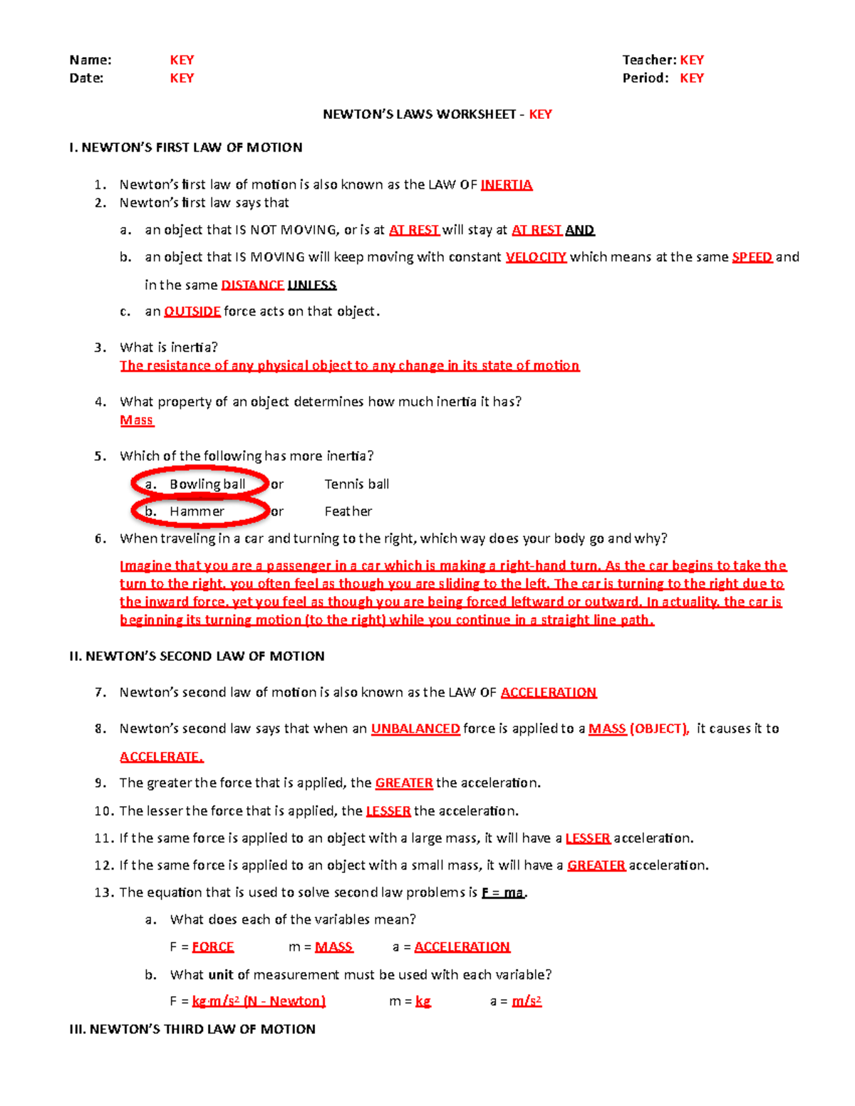 Newtons Laws Of Motion Worksheet KEY Comprehensive Guide Studocu