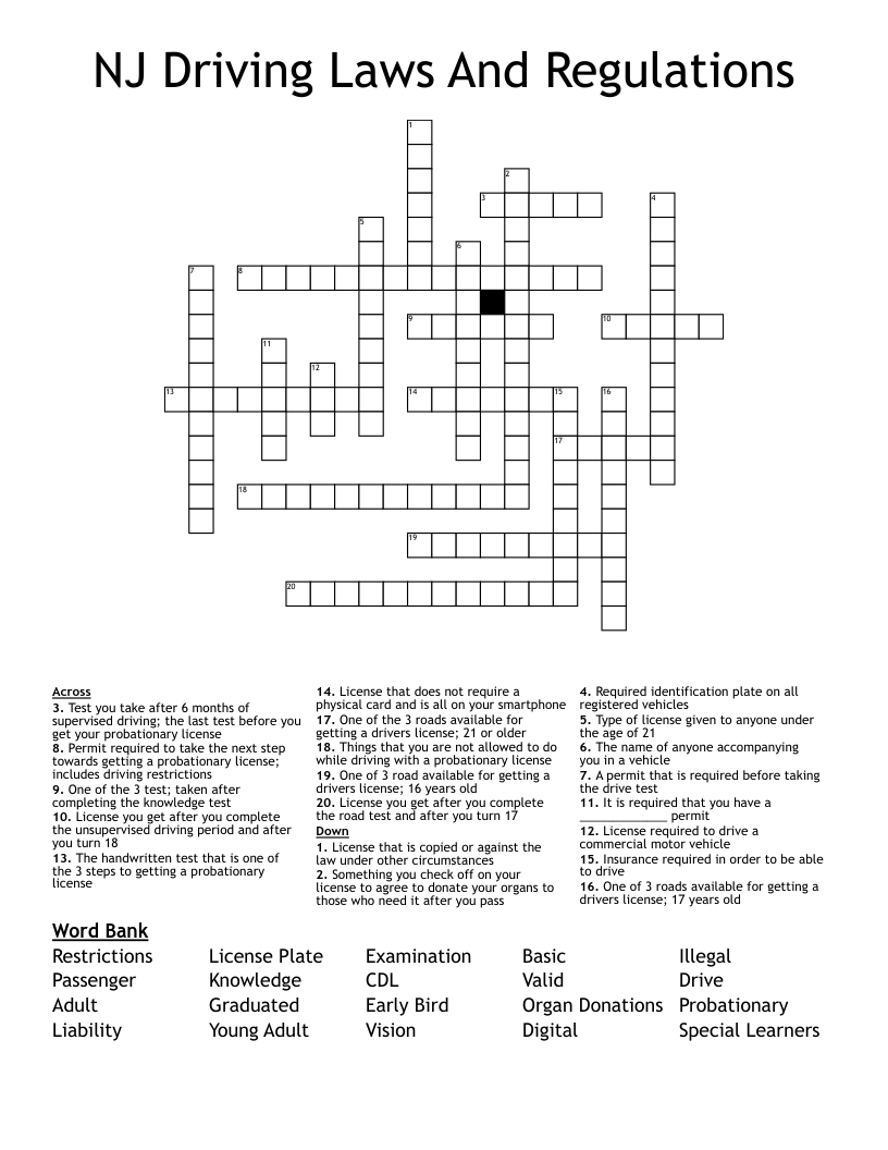 NJ Driving Laws And Regulations Crossword WordMint