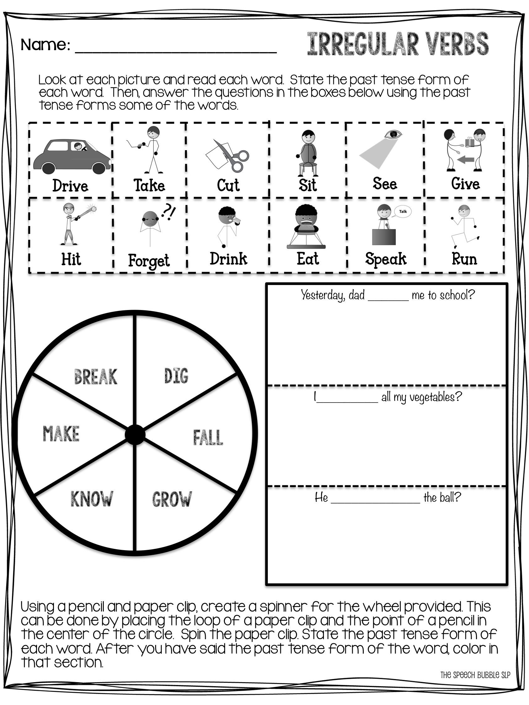 No Prep Irregular Past Tense Verb FREEBIE The Speech Bubble SLP