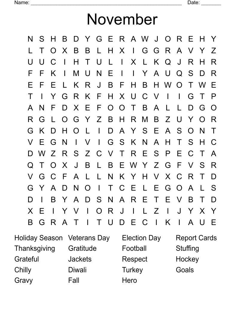 November Puzzle Crossword WordMint