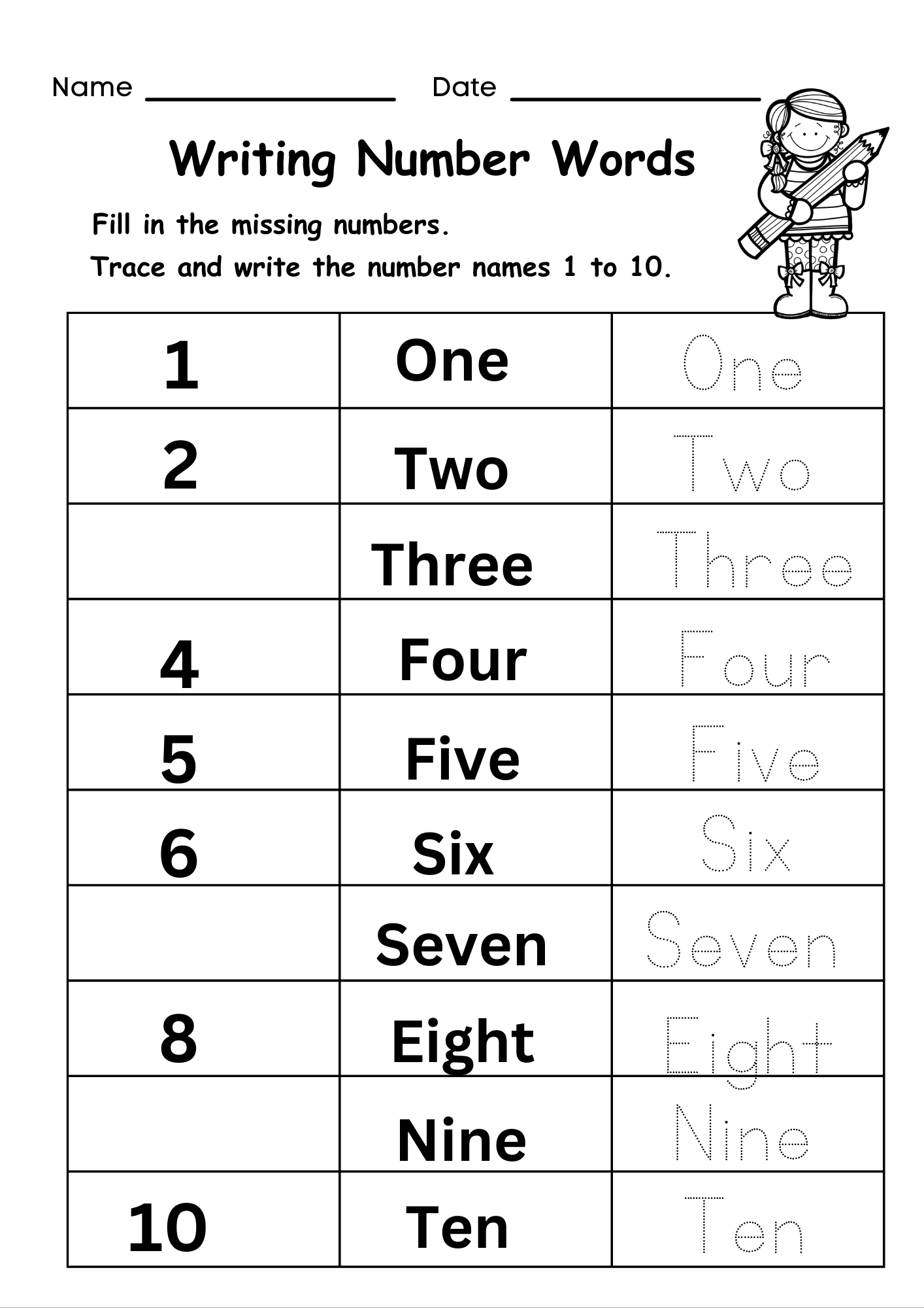 worksheet with numbers 1 10