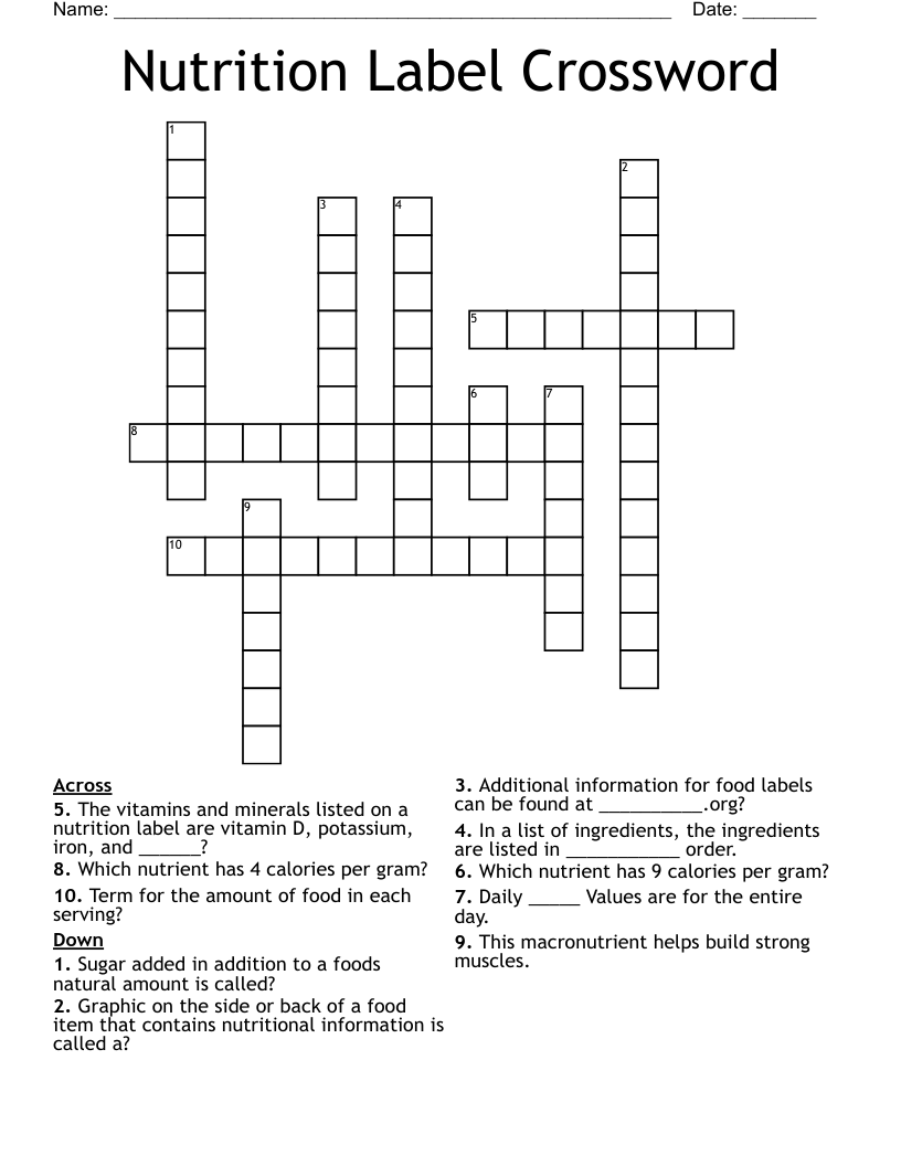 Nutrition Label Crossword WordMint