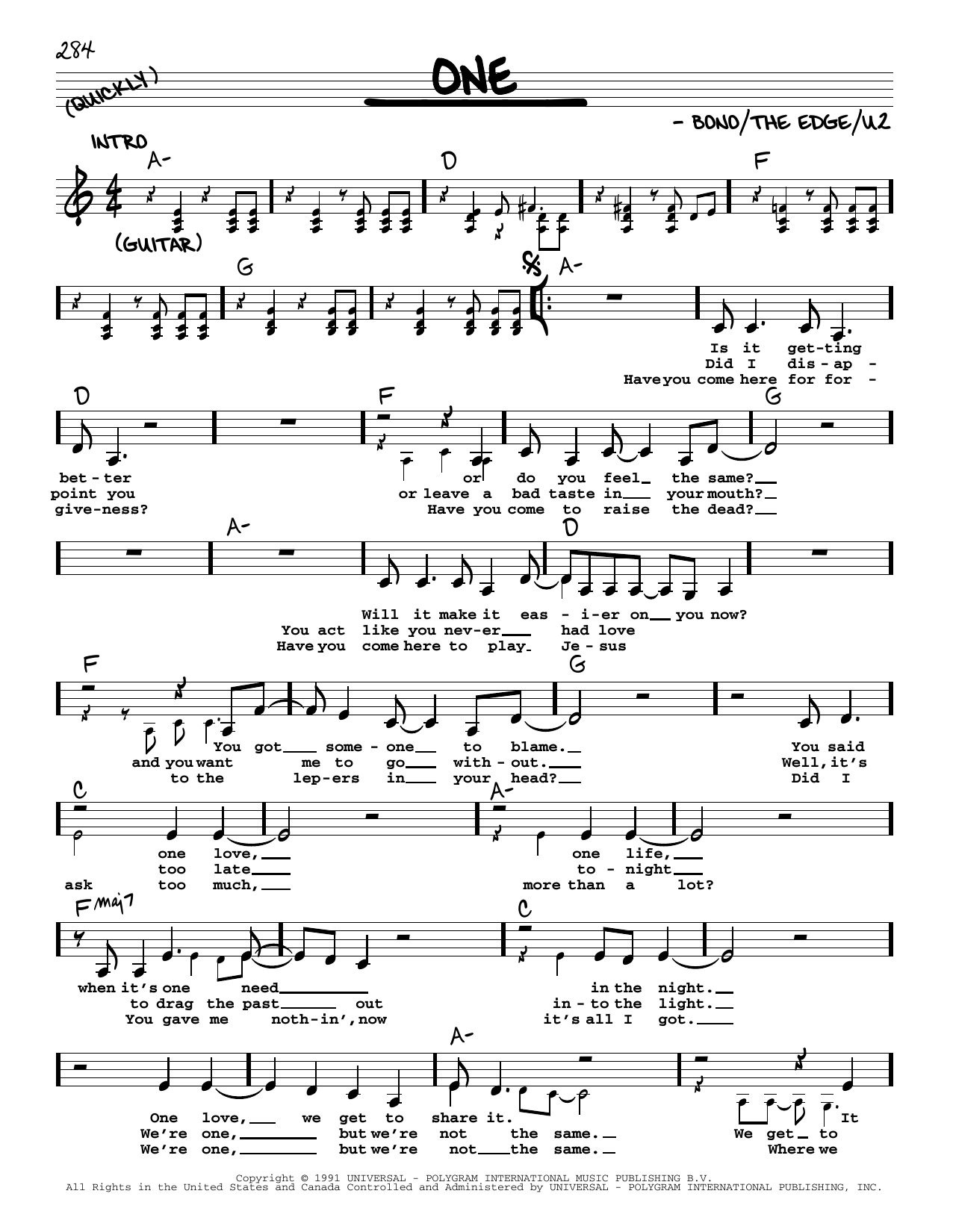 One By U2 Sheet Music For Real Book Melody Lyrics Chords At Sheet Music Direct One By U2 Sheet Music For Real Book Melody Lyrics Chords At Sheet Music Direct