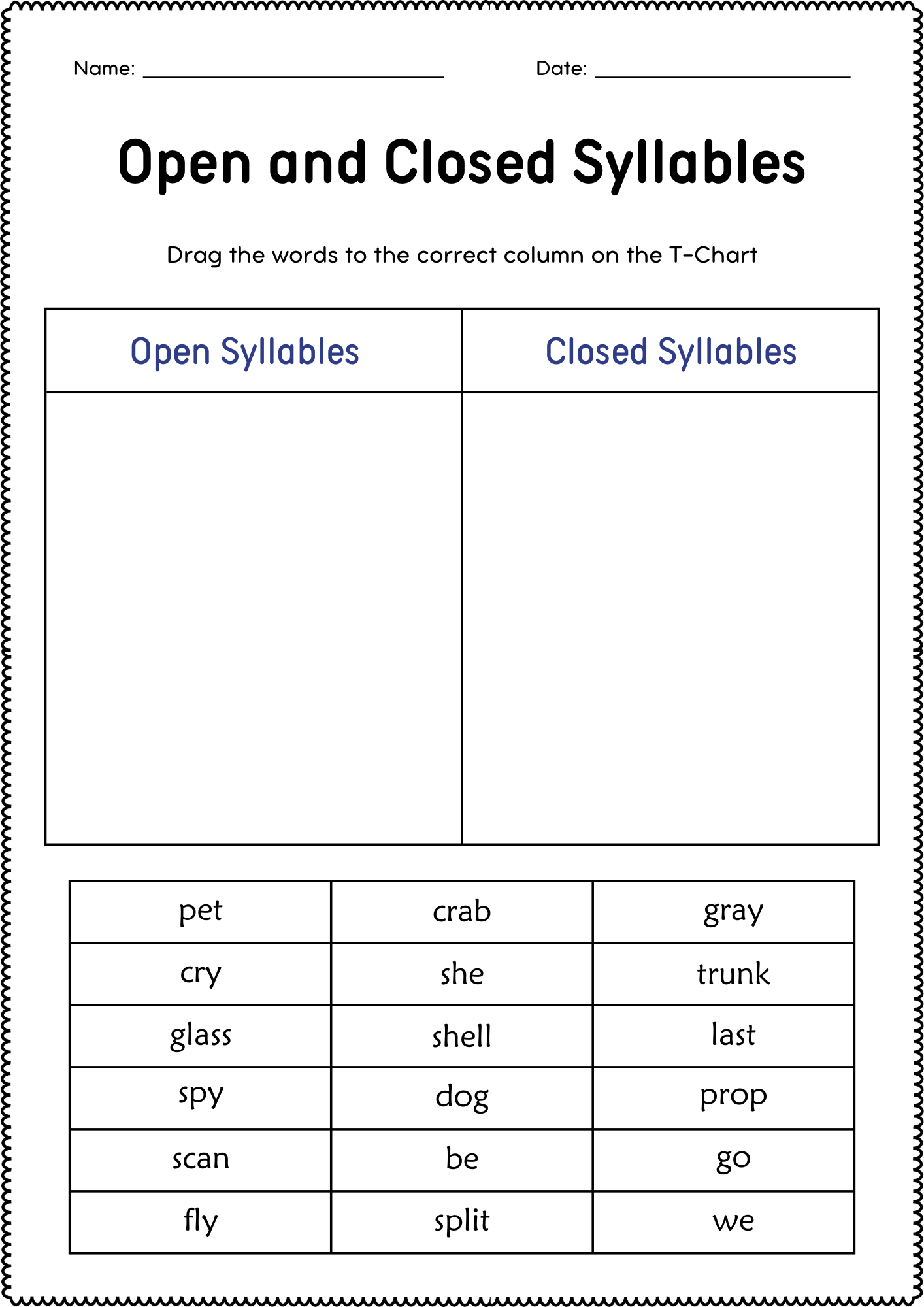 open and closed syllables worksheets
