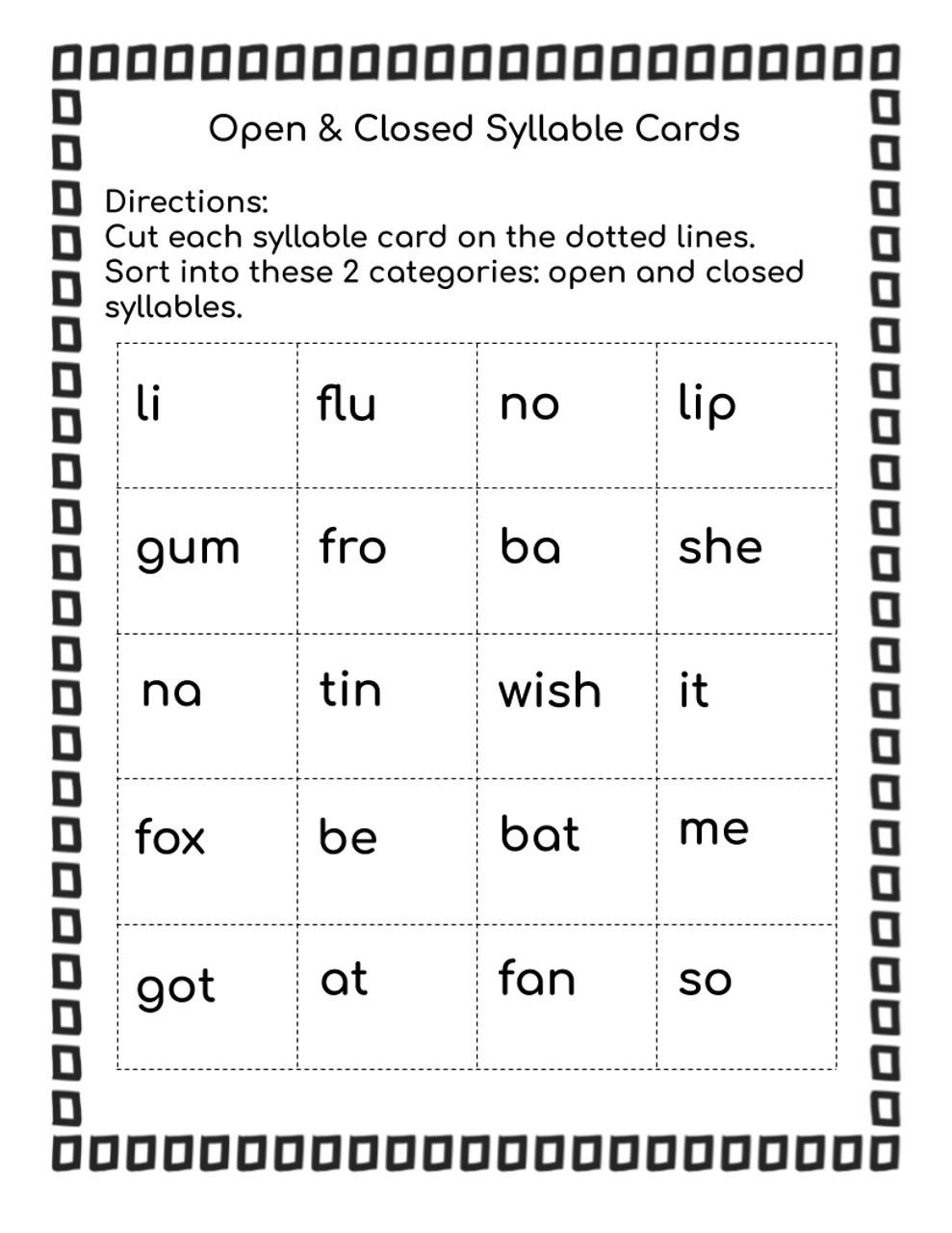 Open Closed Syllable Worksheet Printable Study Planner