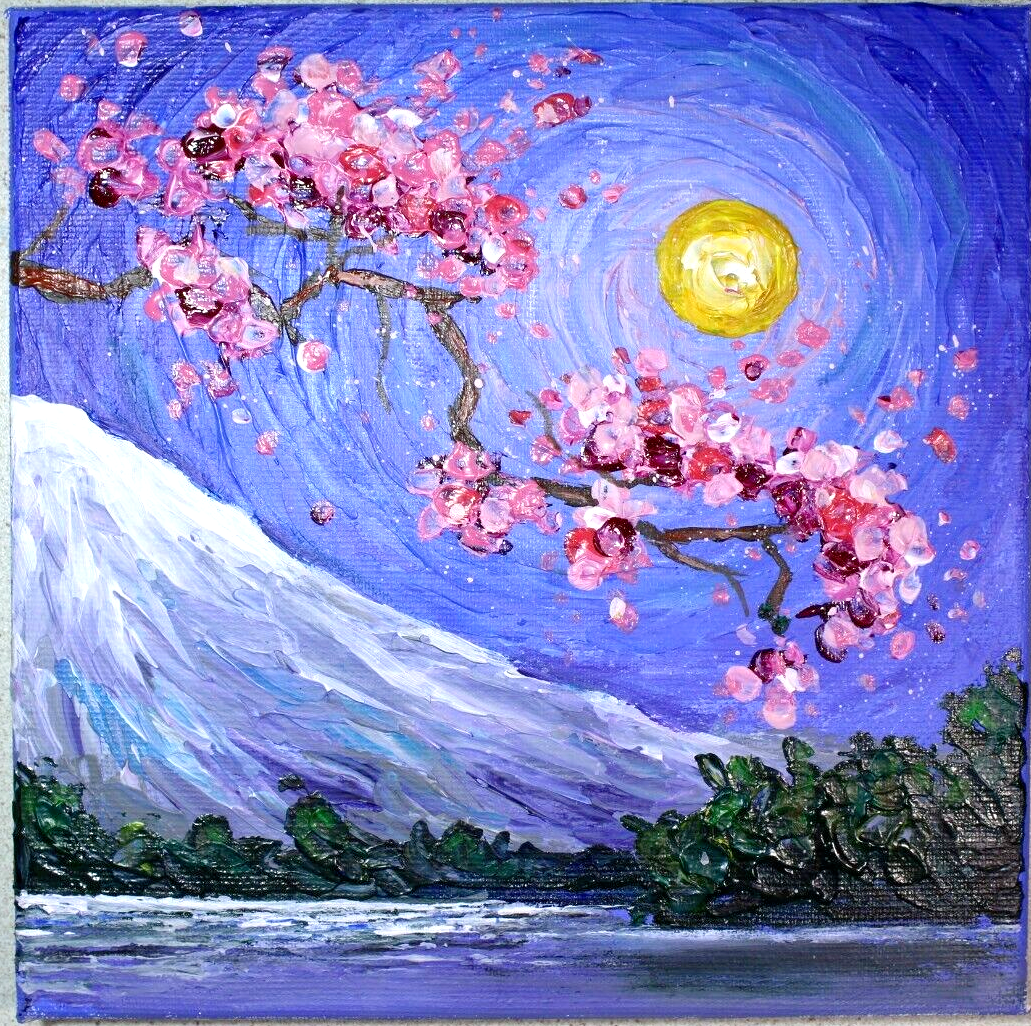 Original Acrylic Painting On Canvas Blooming Sakura Mountains Wall Decor EBay