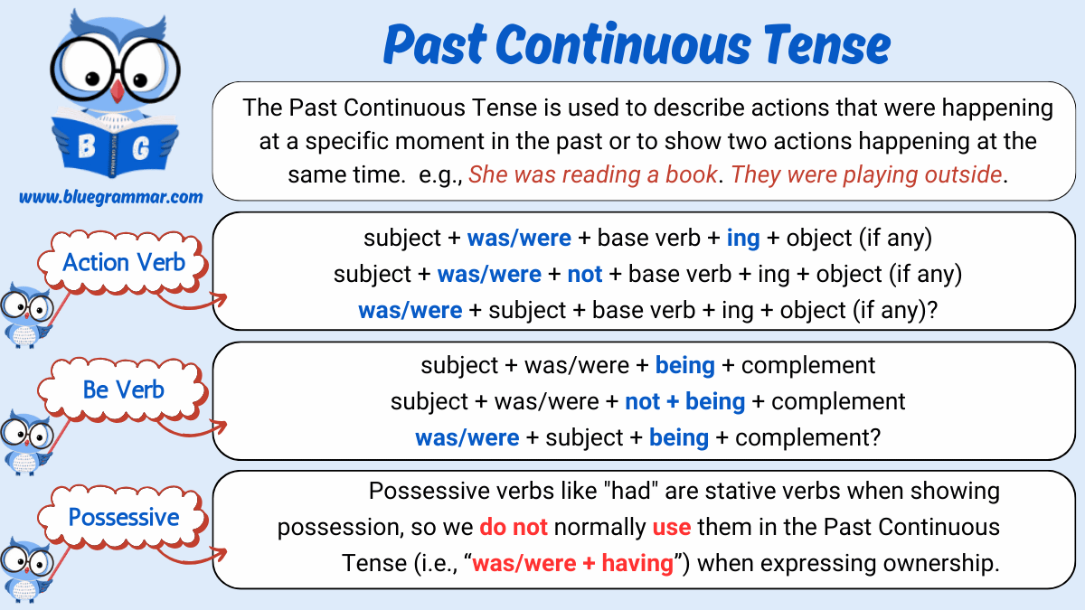 Past Continuous Tense Action Verb Be Verb Possessive Form Blue Grammar