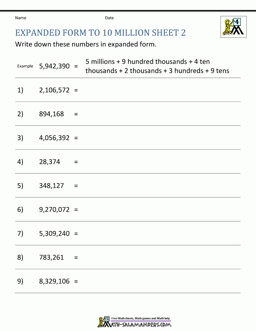 numbers to 10 million