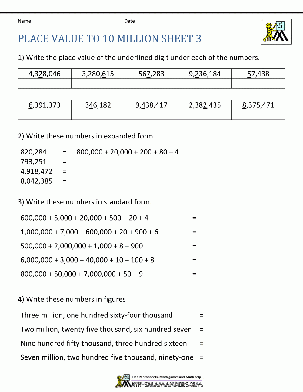 Place Value Worksheet Up To 10 Million