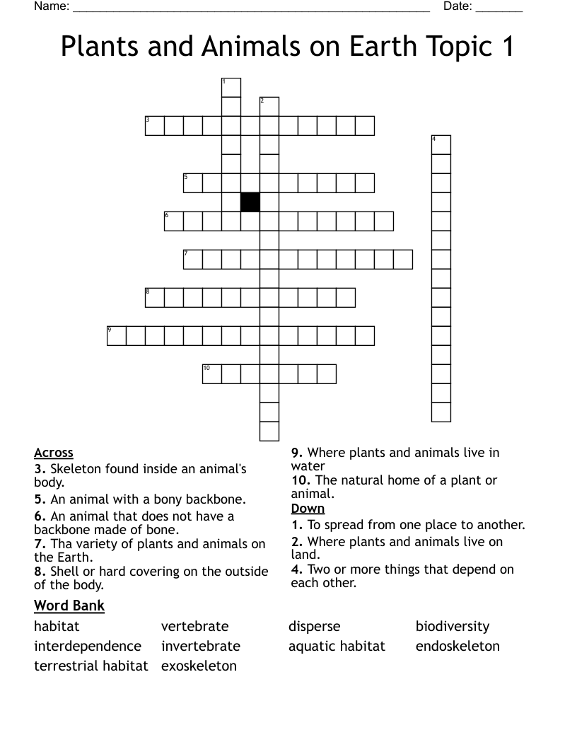 Plants And Animals On Earth Topic 1 Crossword WordMint
