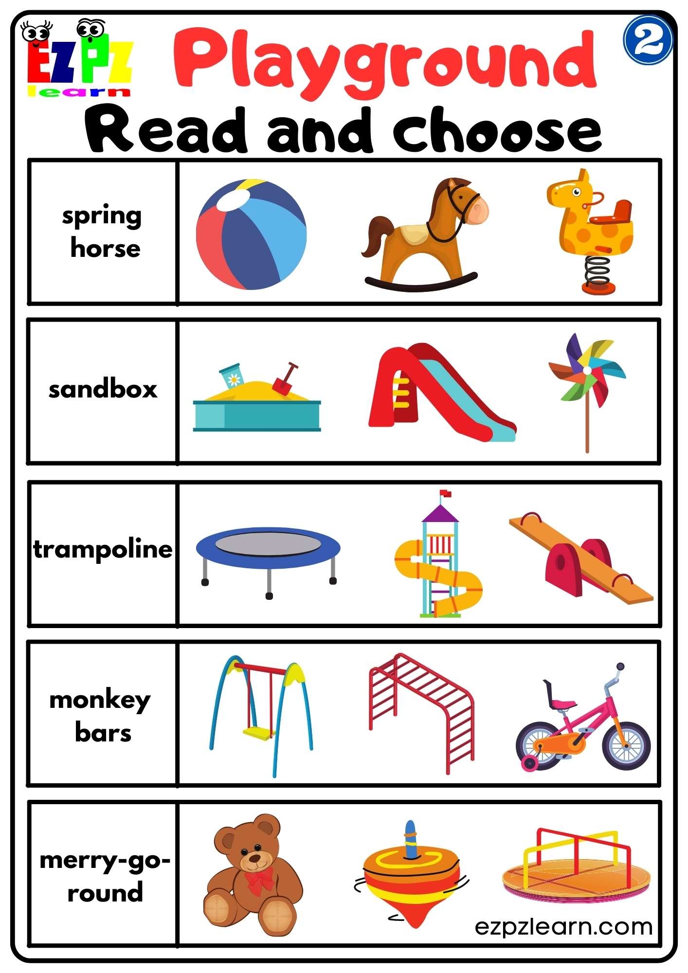 Playground Vocabulary 2 Read And Choose Worksheet For Kindergarten And ESL Students Free Download Ezpzlearn