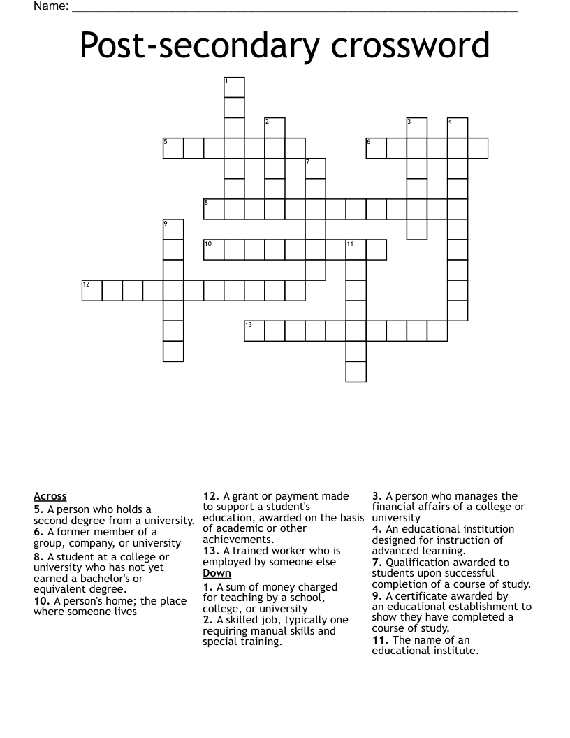 Post secondary Crossword WordMint
