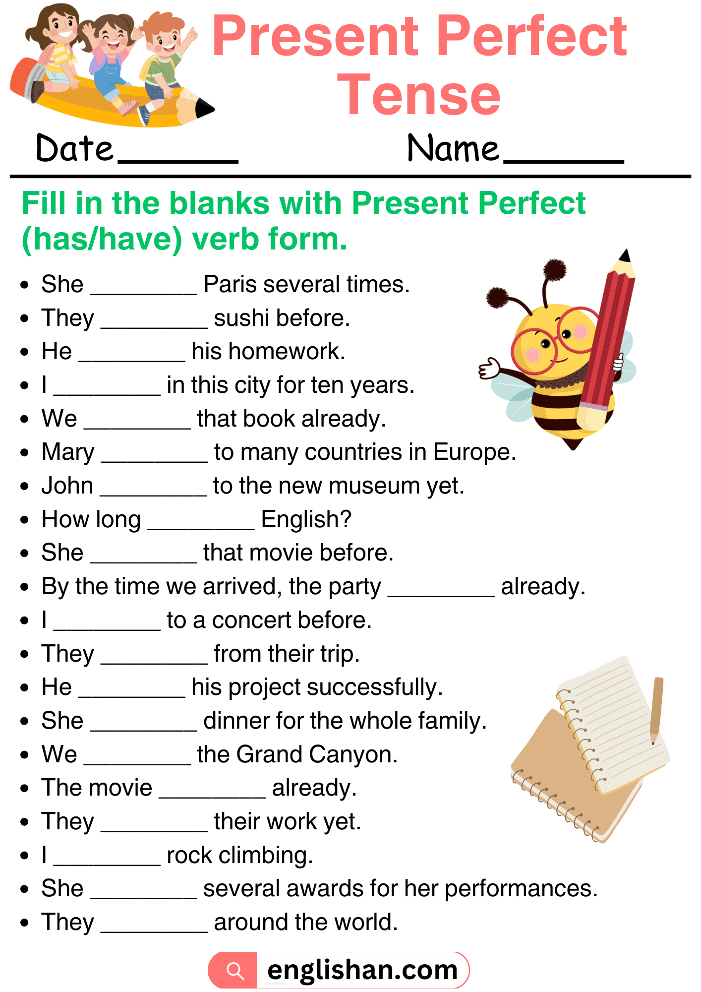 Present Perfect Tense Worksheets And Exercises With Answers Present Perfect Tense Worksheets And Exercises With Answers