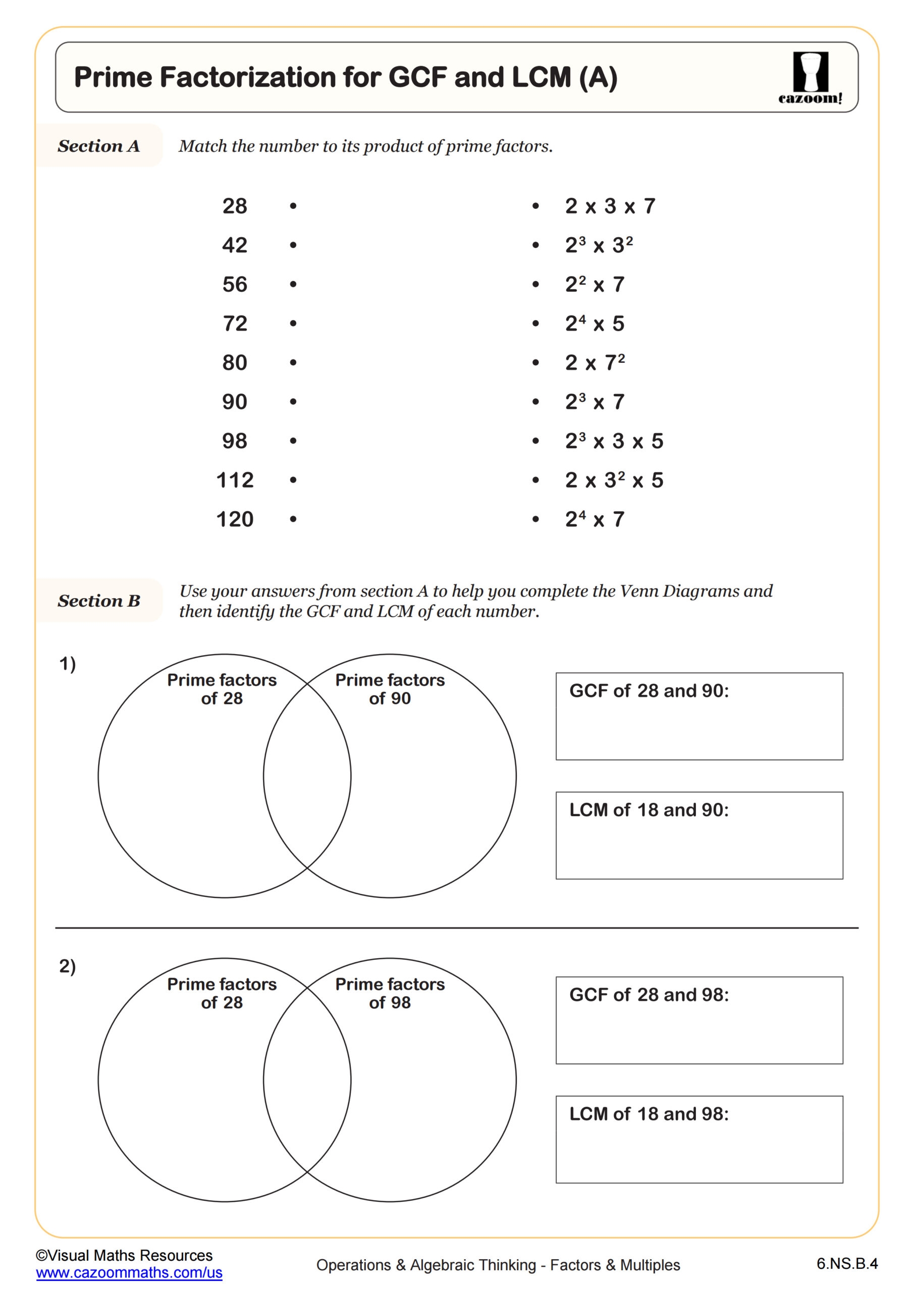 Prime Factorization For GCF And LCM A Worksheet PDF Printable Operations Algebraic Thinking Worksheet Prime Factorization For GCF And LCM A Worksheet PDF Printable Operations Algebraic Thinking Worksheet
