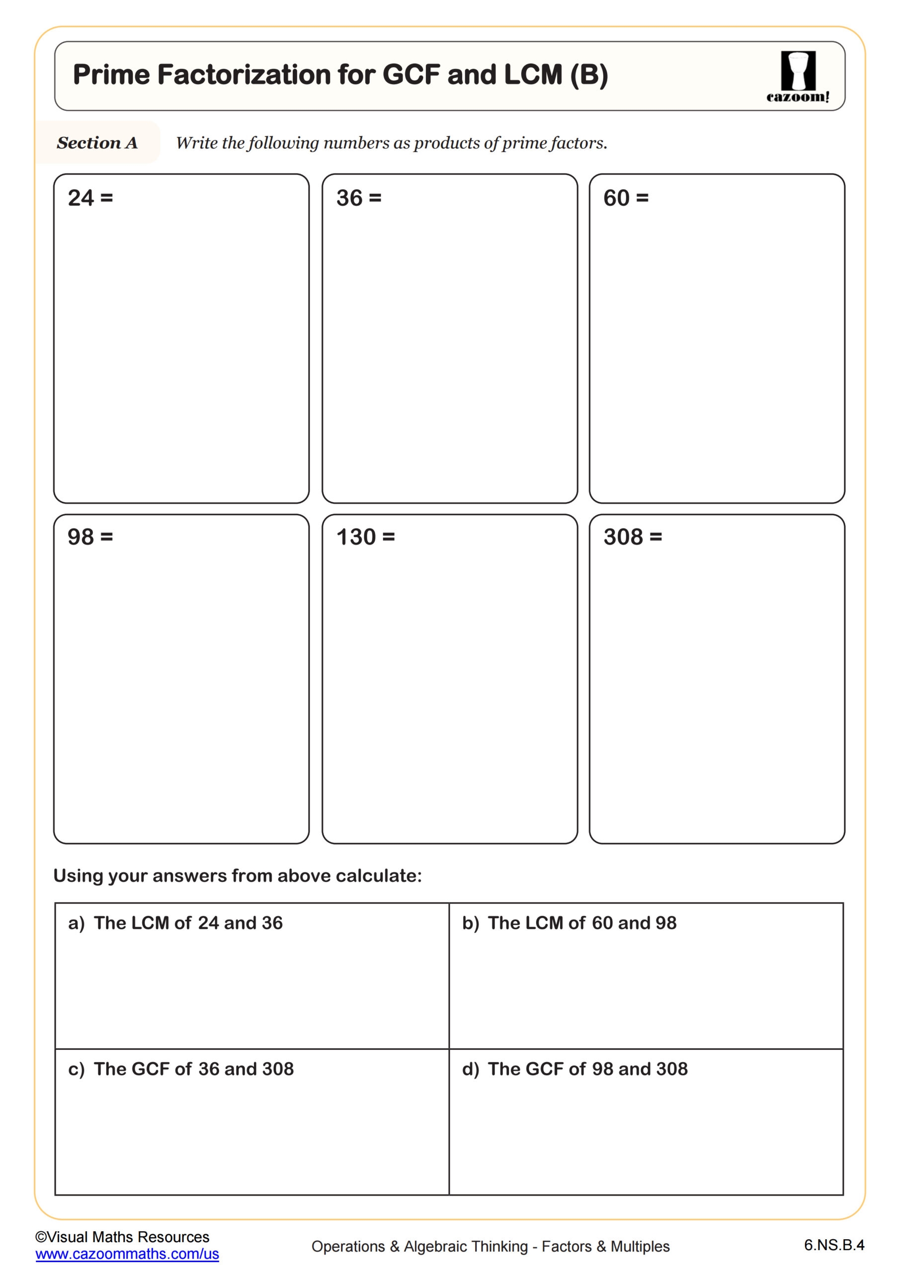 Prime Factorization For GCF And LCM B Worksheet Fun And Engaging 6th Grade PDF Worksheets Prime Factorization For GCF And LCM B Worksheet Fun And Engaging 6th Grade PDF Worksheets