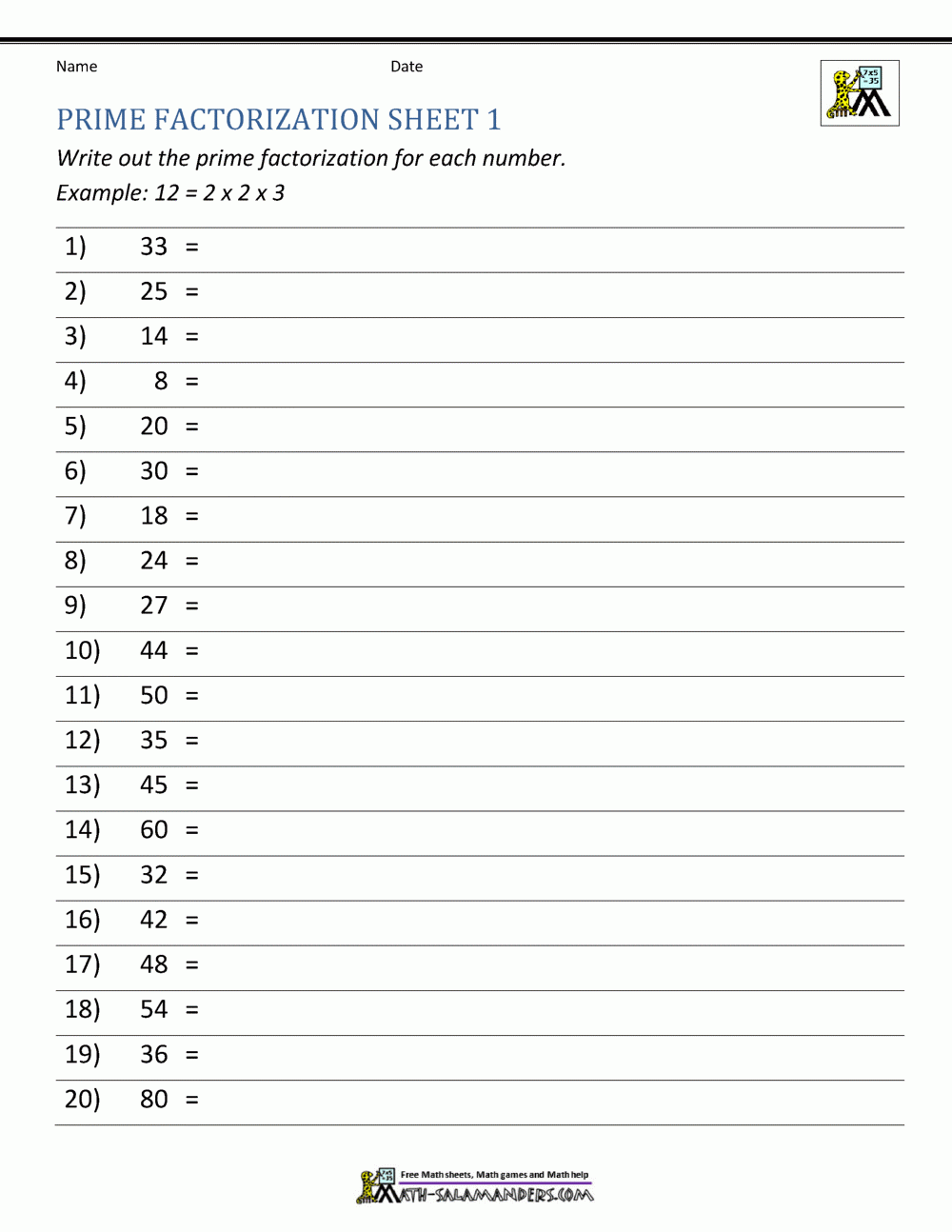Prime Factorization Worksheet Page