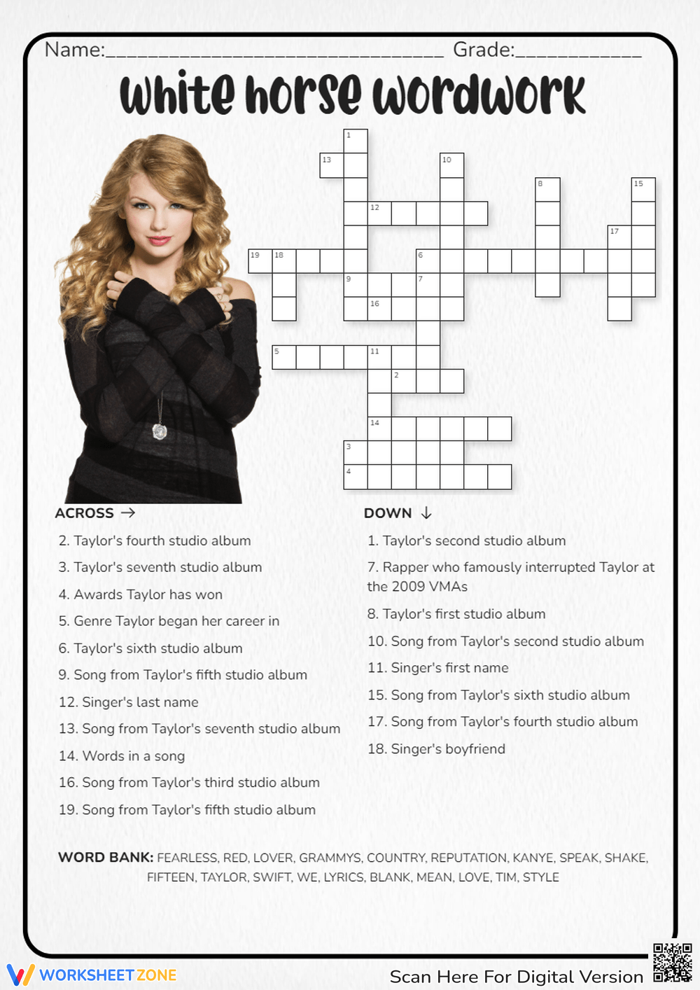 Printable 1st Grade Taylor Swift Crossword Worksheets