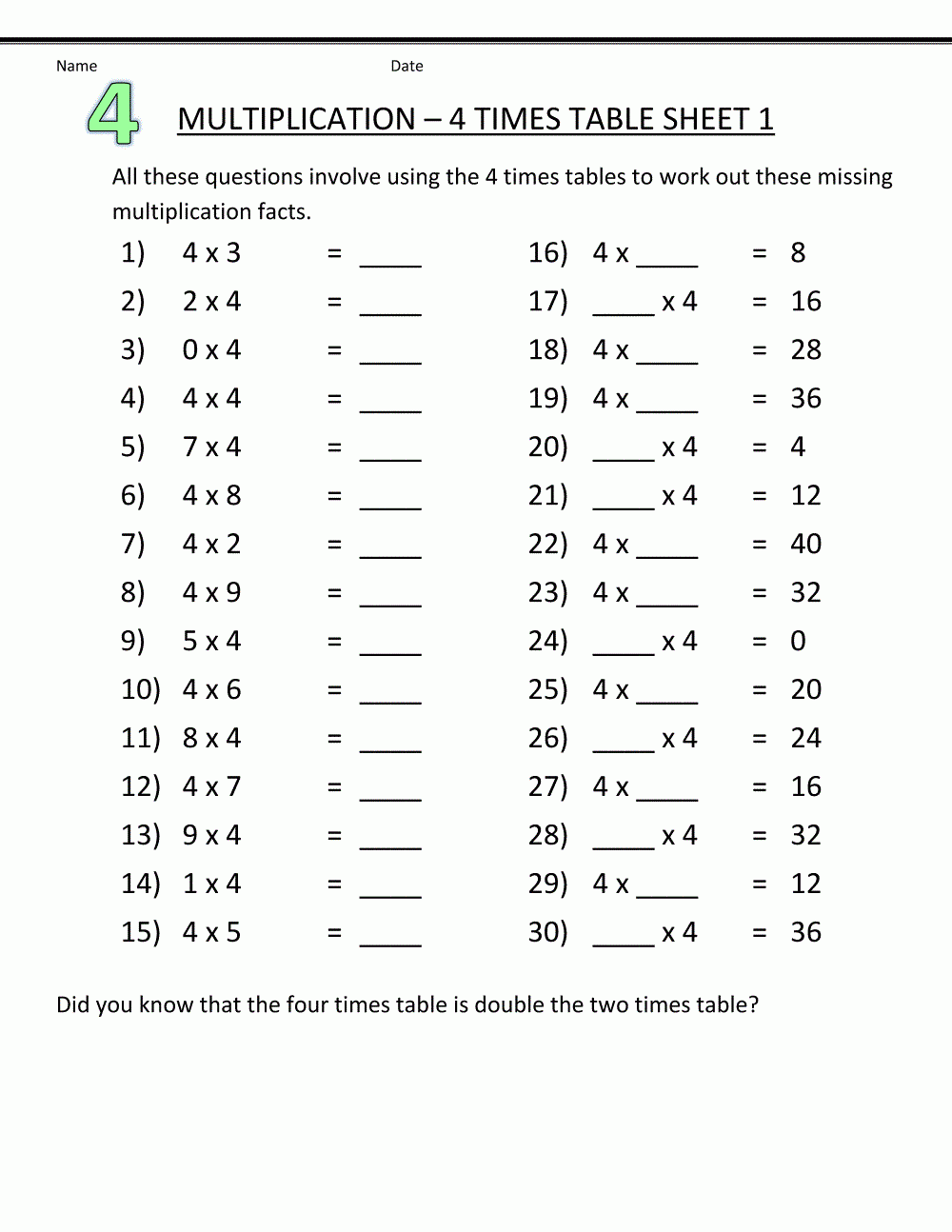 4 times table worksheet printable 4 times table worksheet printable