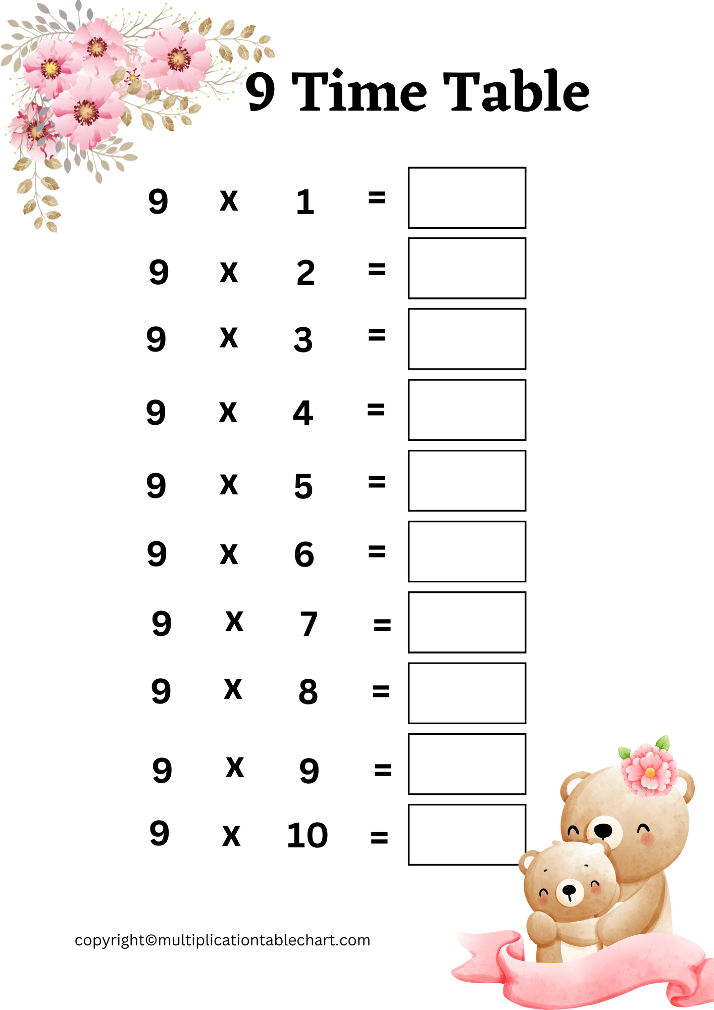 Printable 9 Multiplication Table Worksheet Multiplication Table