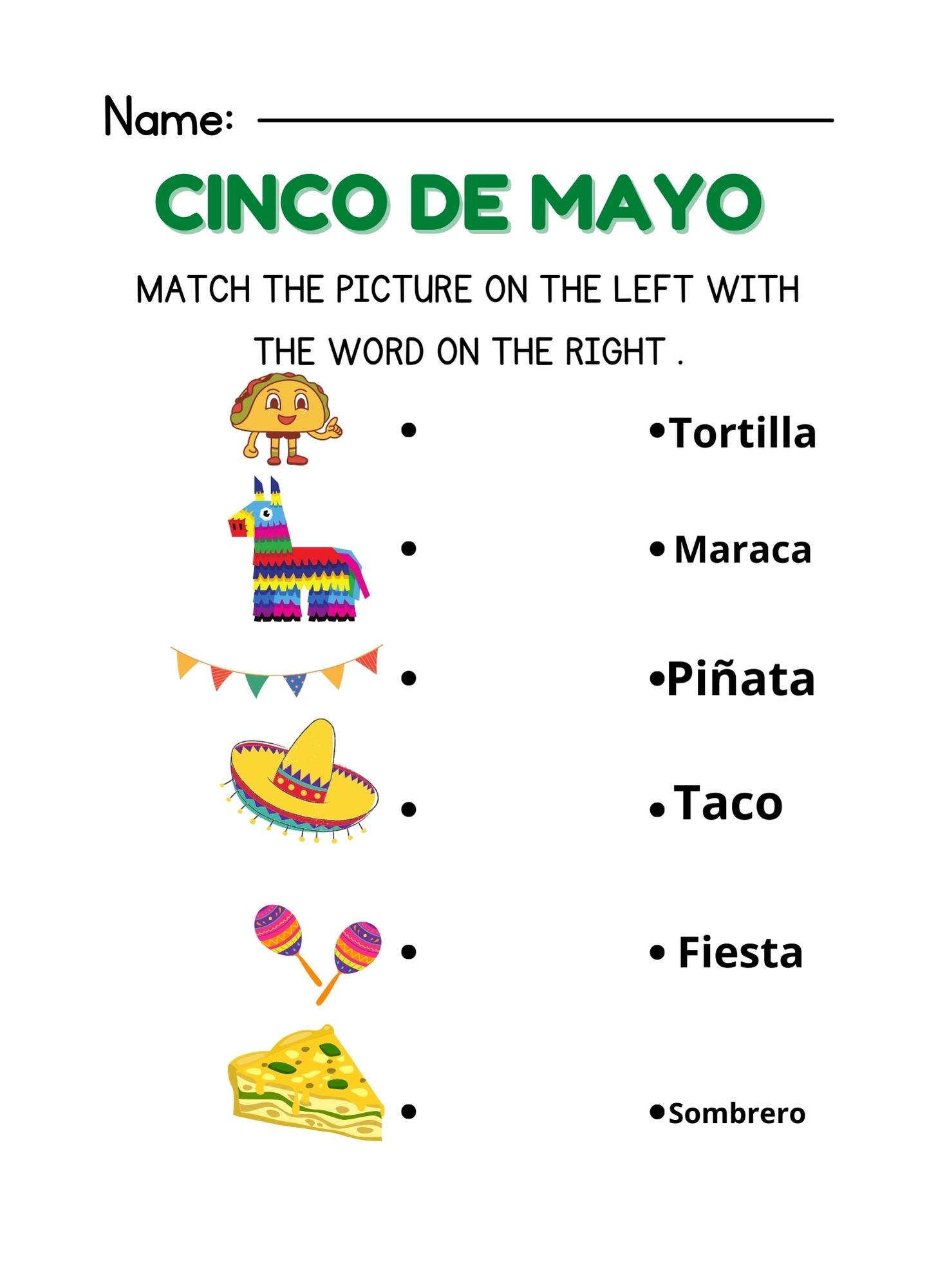 Printable Cinco De Mayo Matching Worksheets Matching Word To Picture Activity Made By Teachers