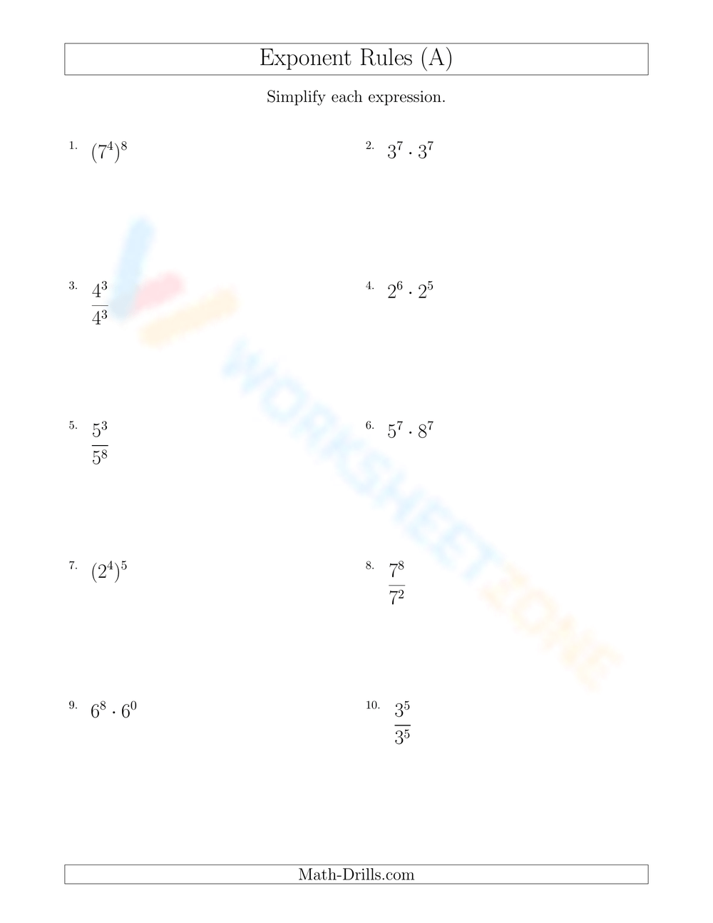 laws of exponents worksheet