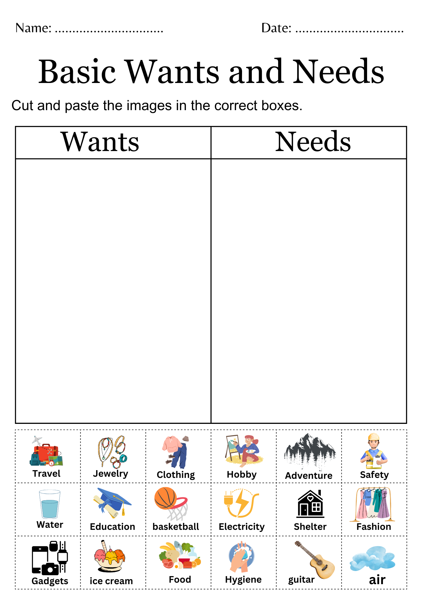 Printable Identifying Needs And Wants Worksheet Basic Needs Vs Worksheets Library