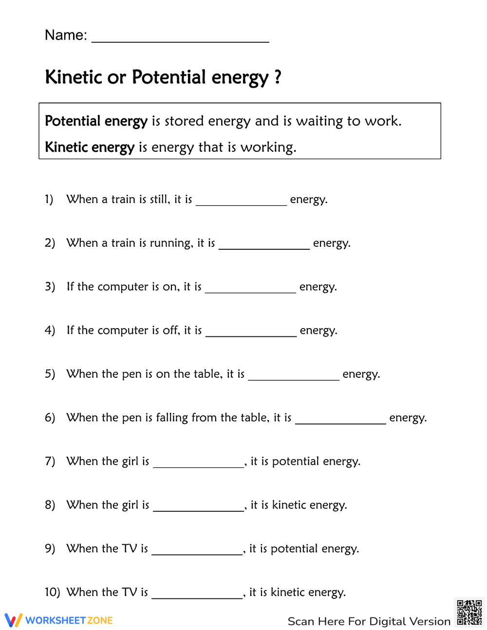 potential and kinetic energy worksheet