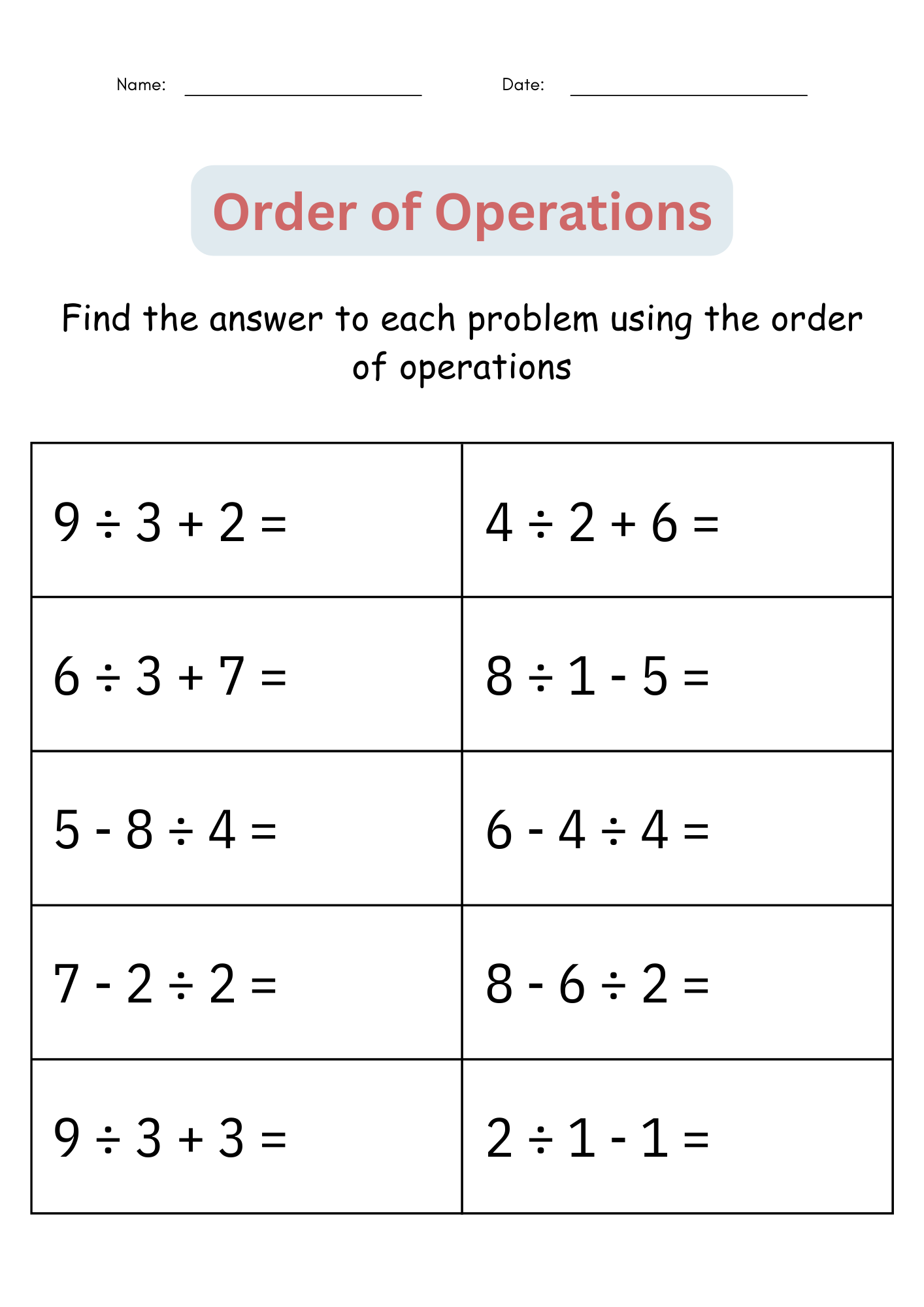 order of operations math worksheets