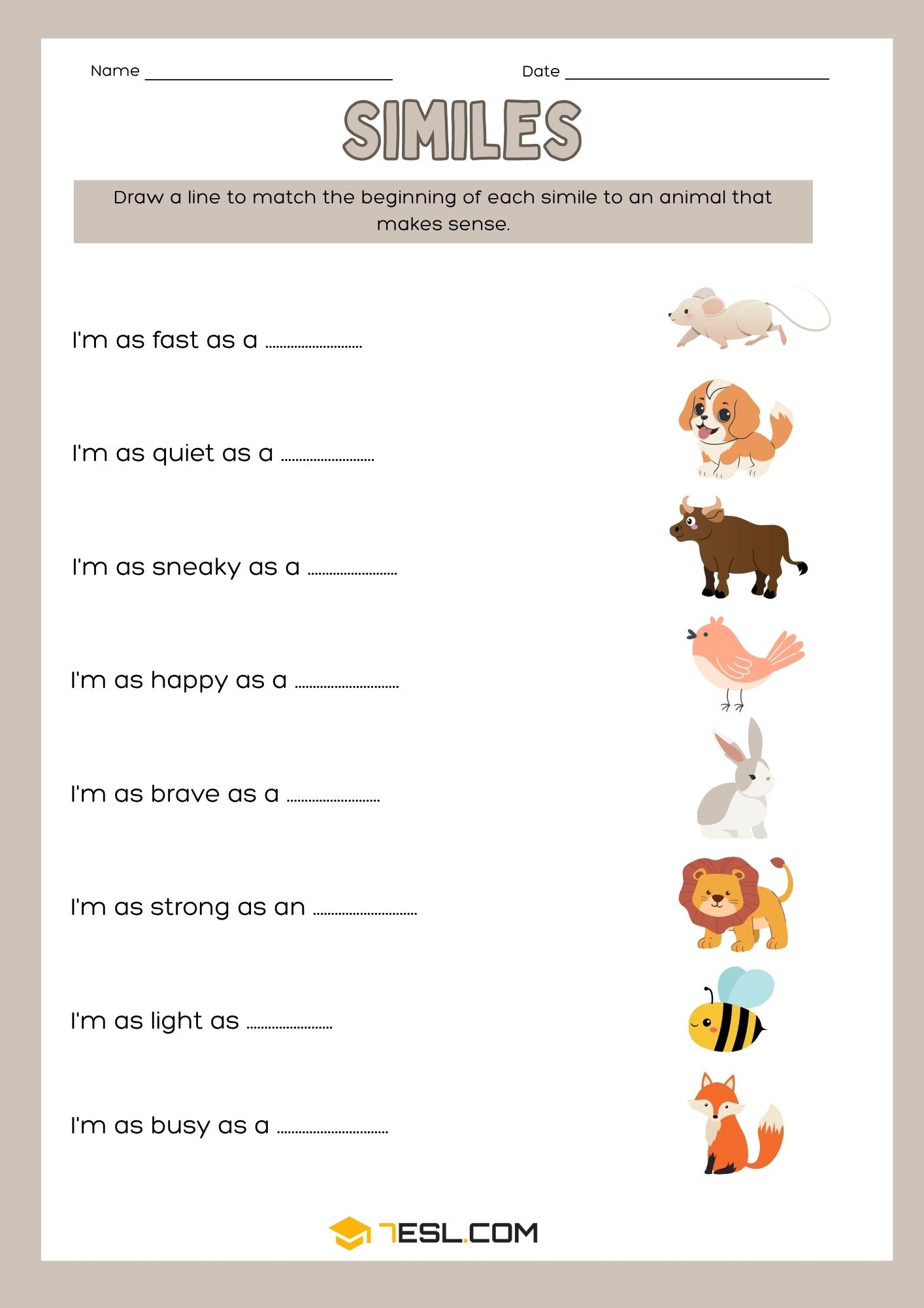 Printable Simile Worksheets 7ESL