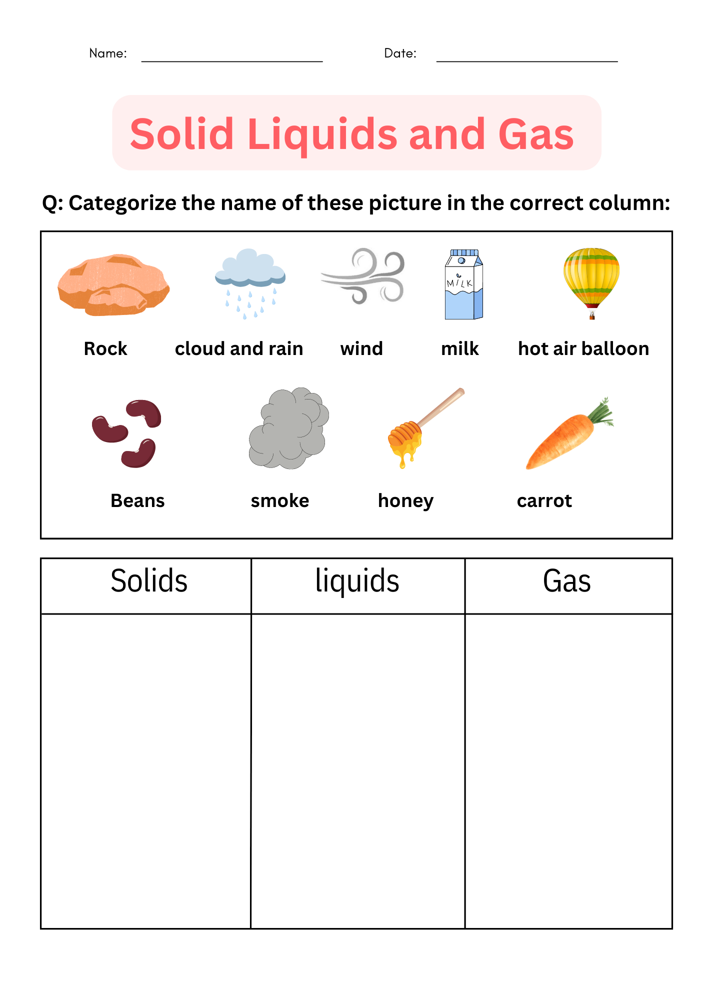 Printable Solid Liquids And Gas Worksheets For Grade 1 2 3 Made By Teachers