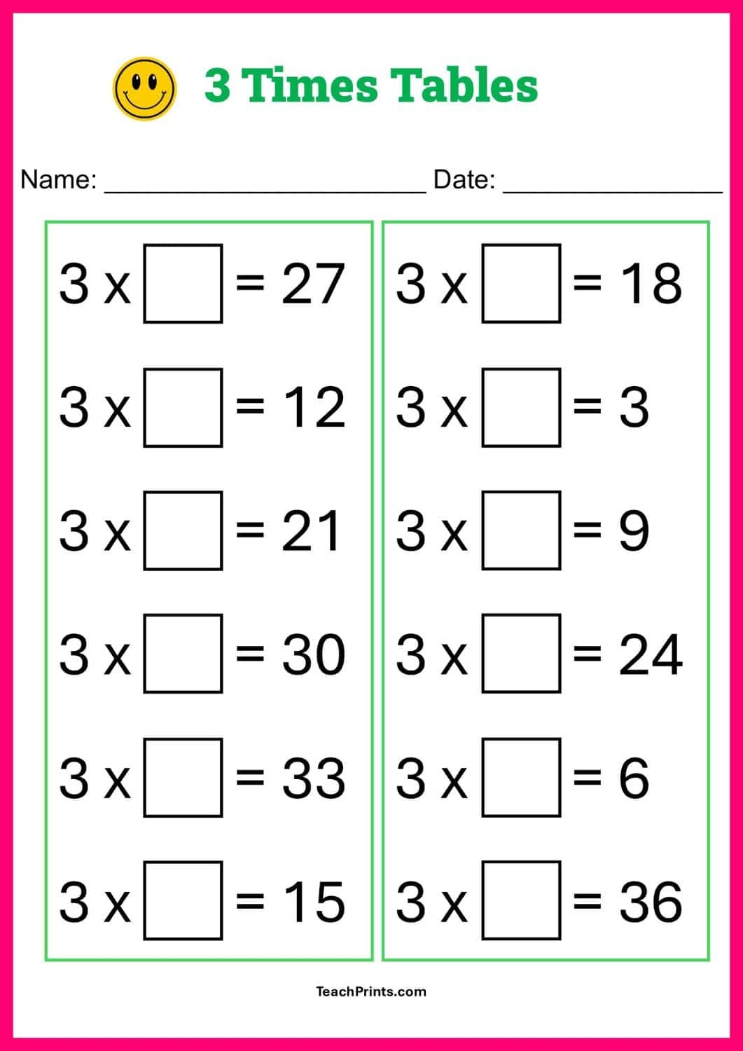 Printable Three Times Table Worksheets