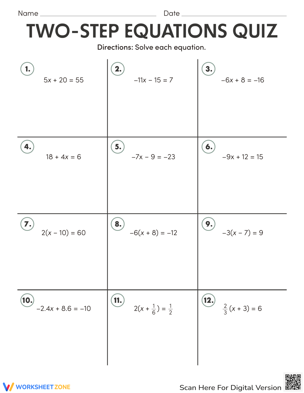 two step equation worksheet