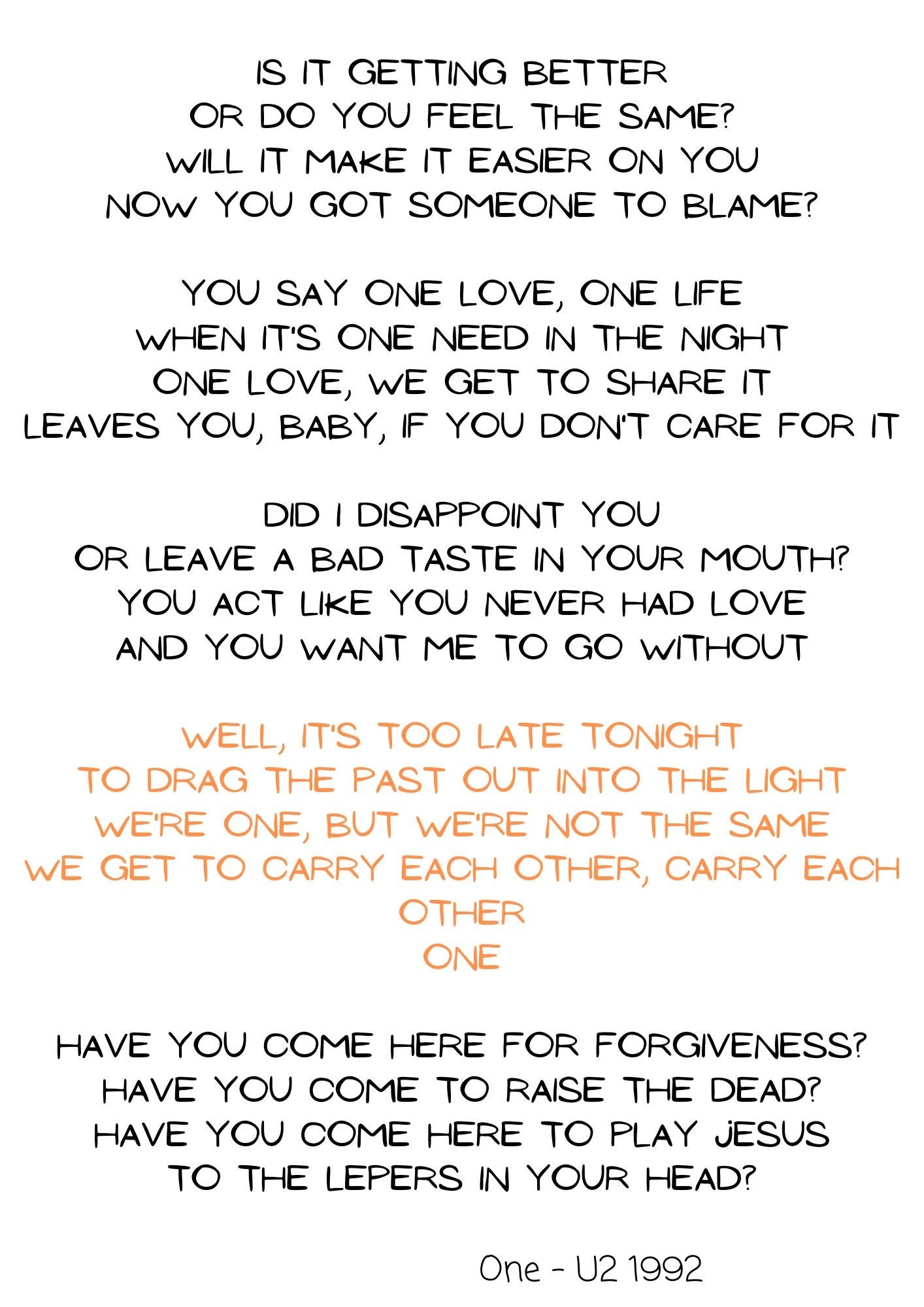 Printable Wall Art Music Lyrics U2 One Etsy Canada Printable Wall Art Music Lyrics U2 One Etsy Canada